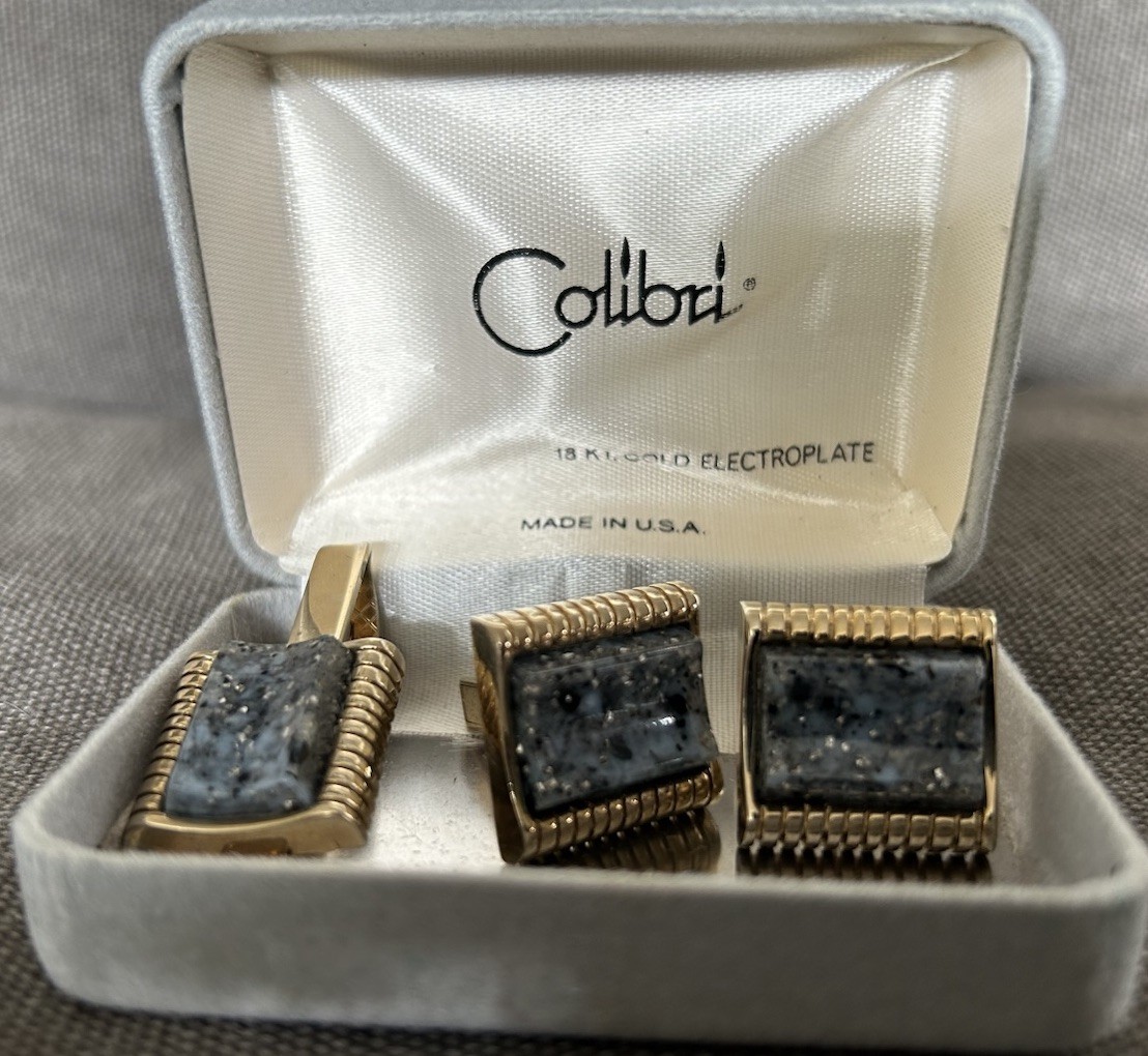 Vintage Blue Grey Stone 18K Gold Electroplate Plated Tie Clip Clasp  & Cufflinks