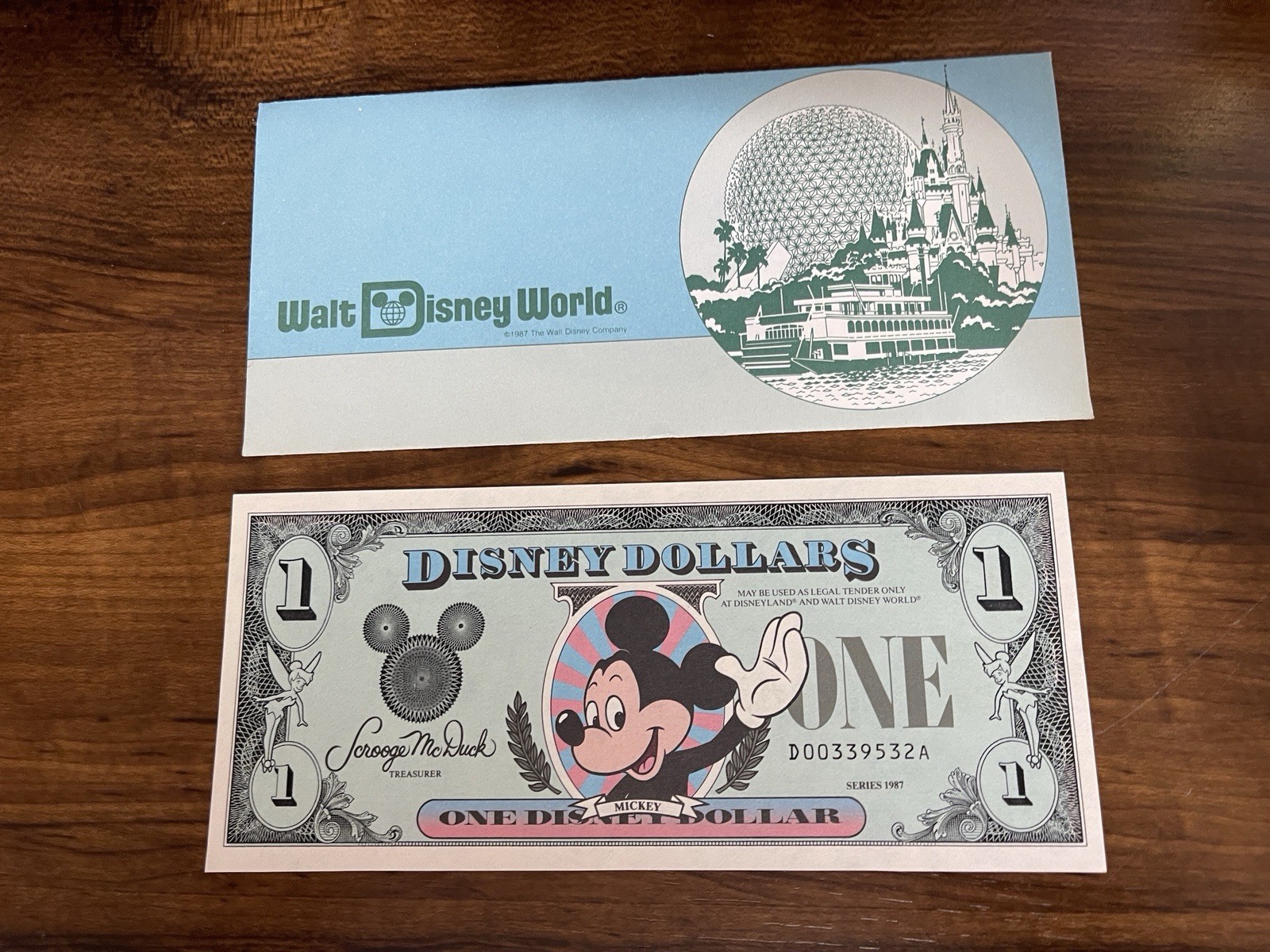 1987 DISNEY $1 ONE DOLLAR WITH ORIGINAL ENVELOPE RARE UNCIRCULATED