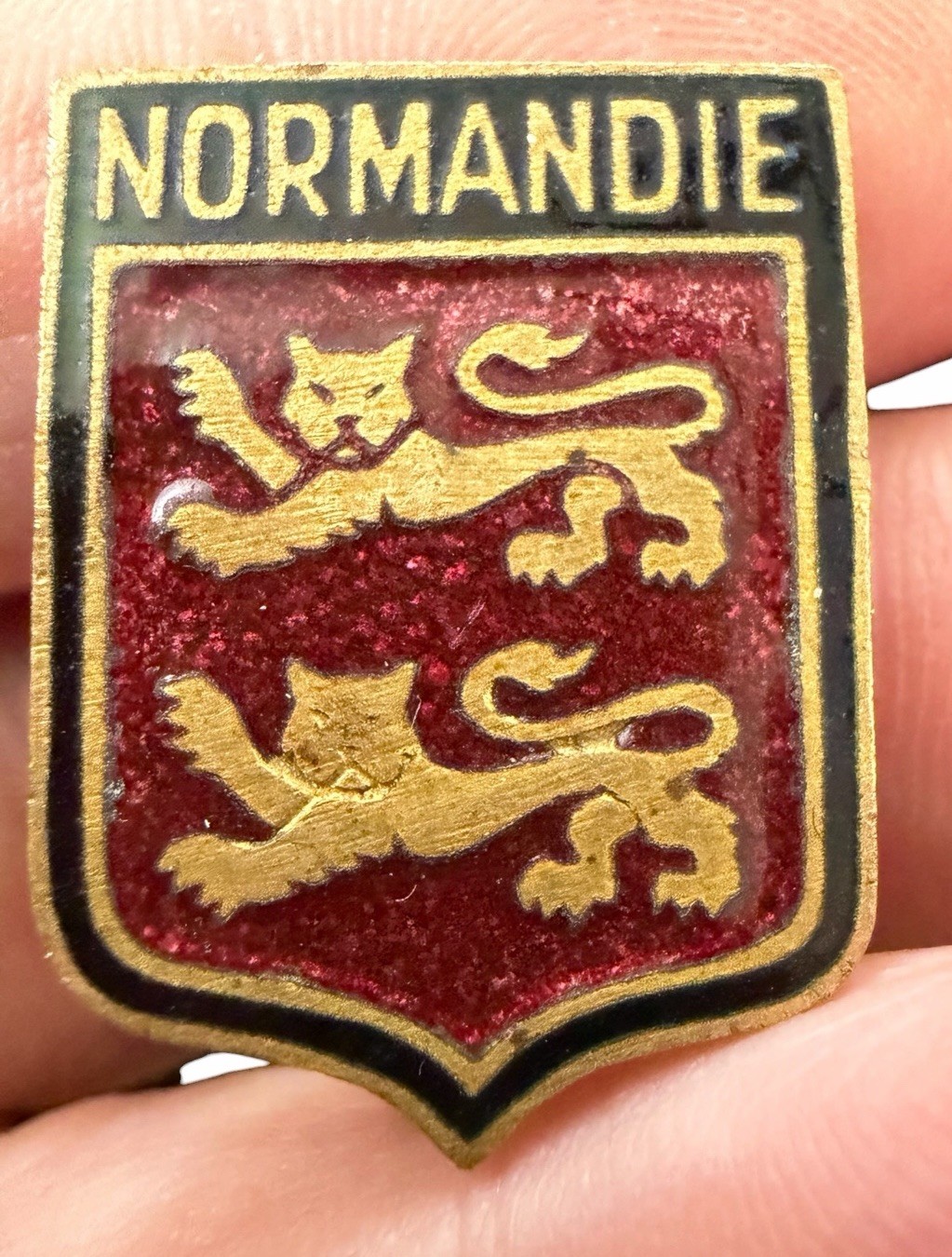 Vintage French NORMANDIE Enamel Lapel Pin CAMUS Paris 2 Leopards c. 1930s