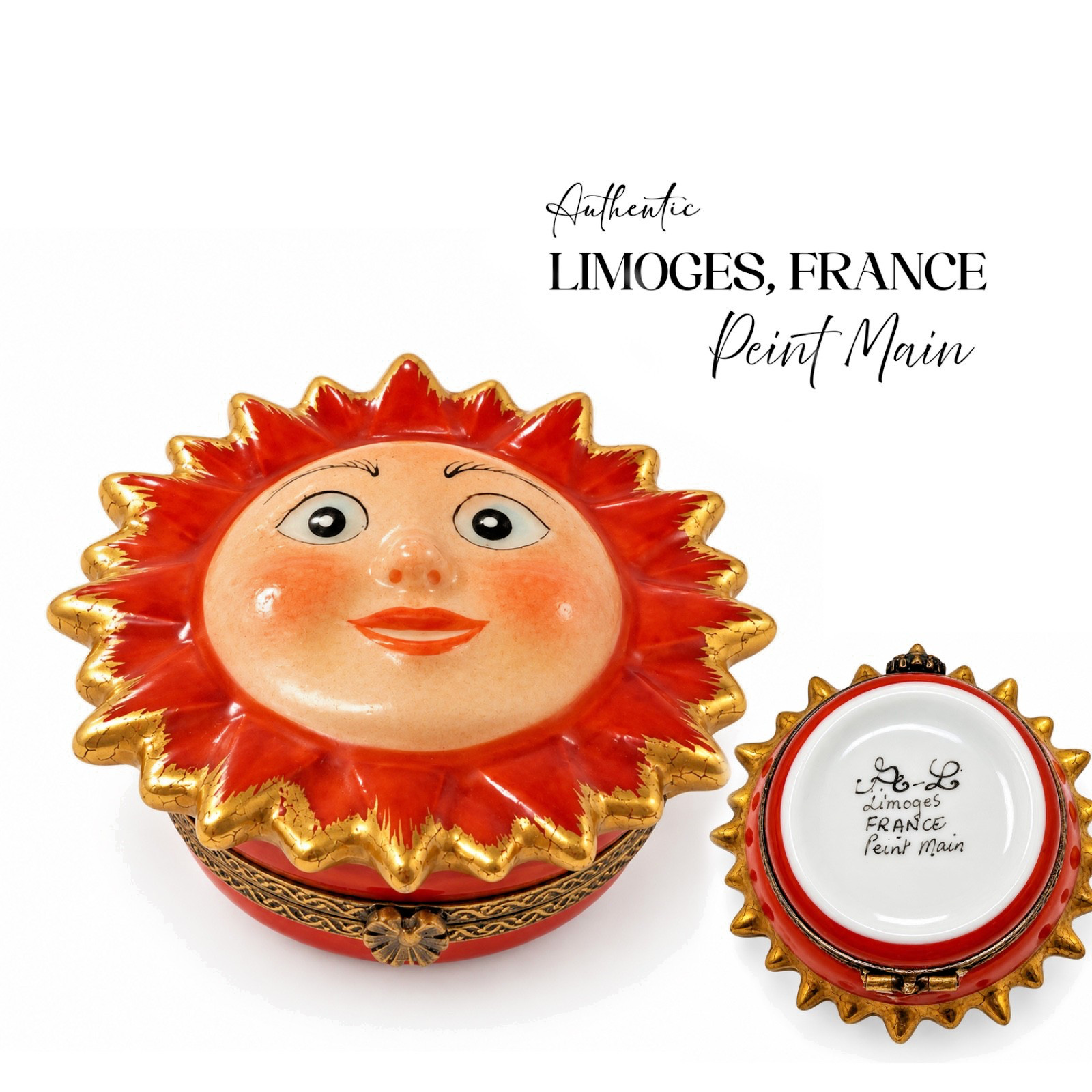 Limoges Peint Main France Sun Face Trinket Box Hand Painted 2.5in Mint, Signed