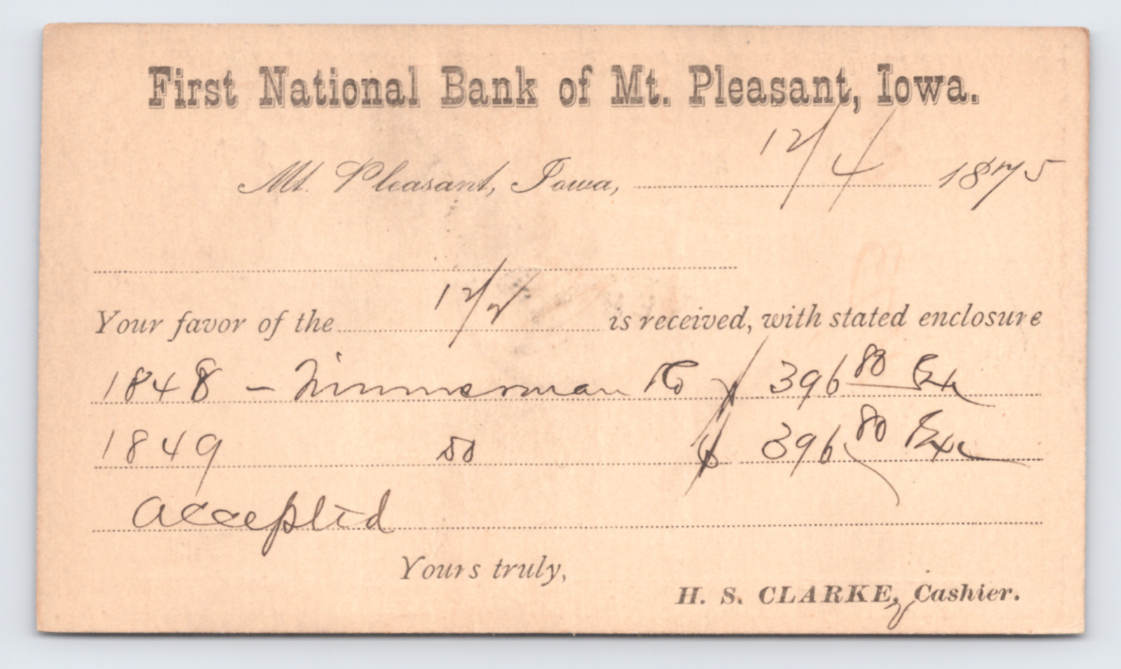 1875 First National Bank Postal Card Mt Pleasant IA Business Receipt