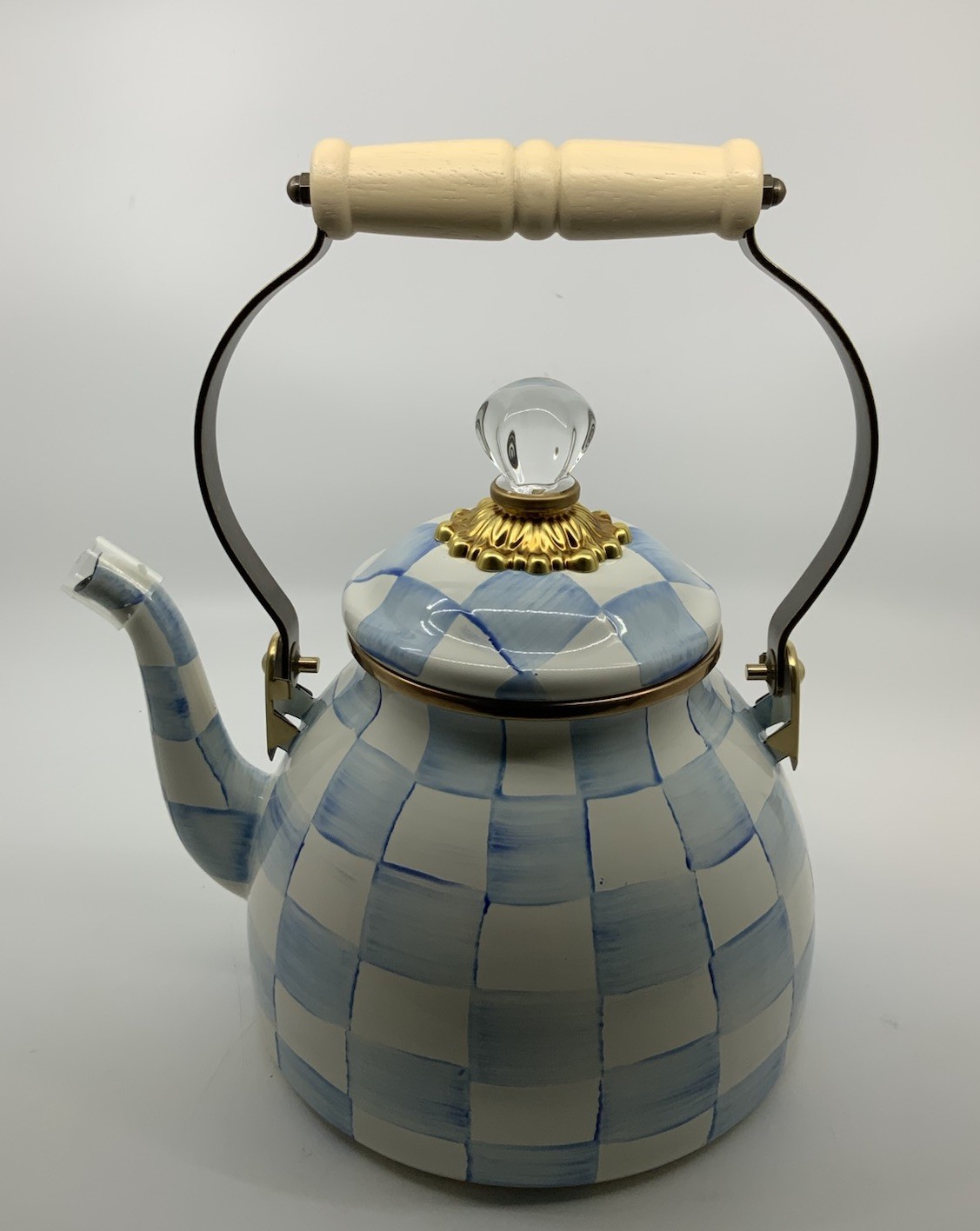 Mackenzie Childs New Sky Check Light Blue 2 Quart Tea Kettle Teapot Authentic