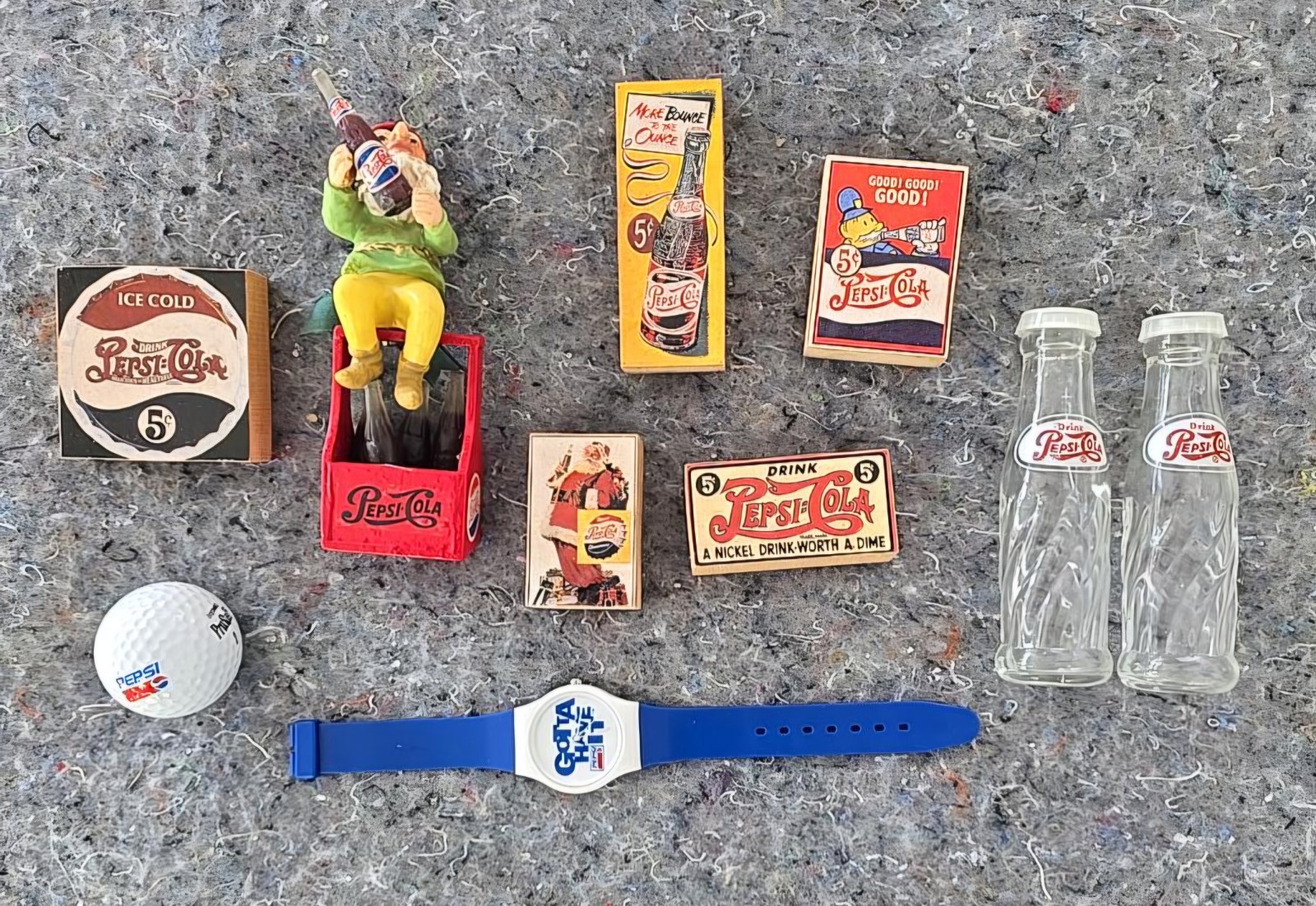 Vintage Pepsi Cola Collectibles Lot Gnome S&P Shakers Watch Wood Signs Golf Ball