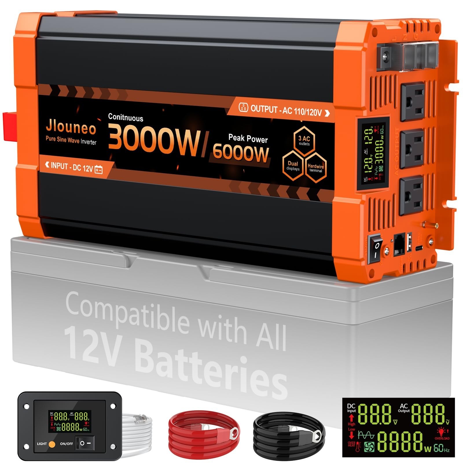 3000 Watt Pure Sine Wave Inverter 12V to 110V for Solar System, RV, Truck, Ca...