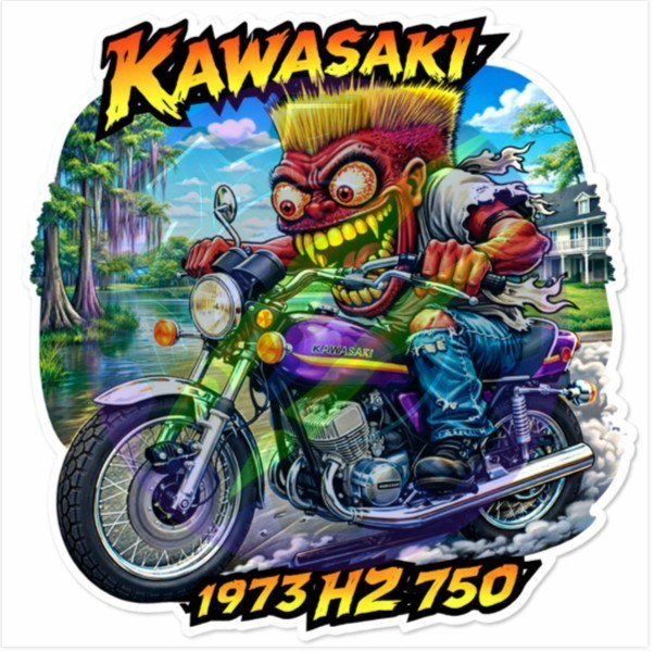 1973 Kawasaki H2 750 Die Cut Vinyl Sticker Monsters on Machines 10x10cm Swamp
