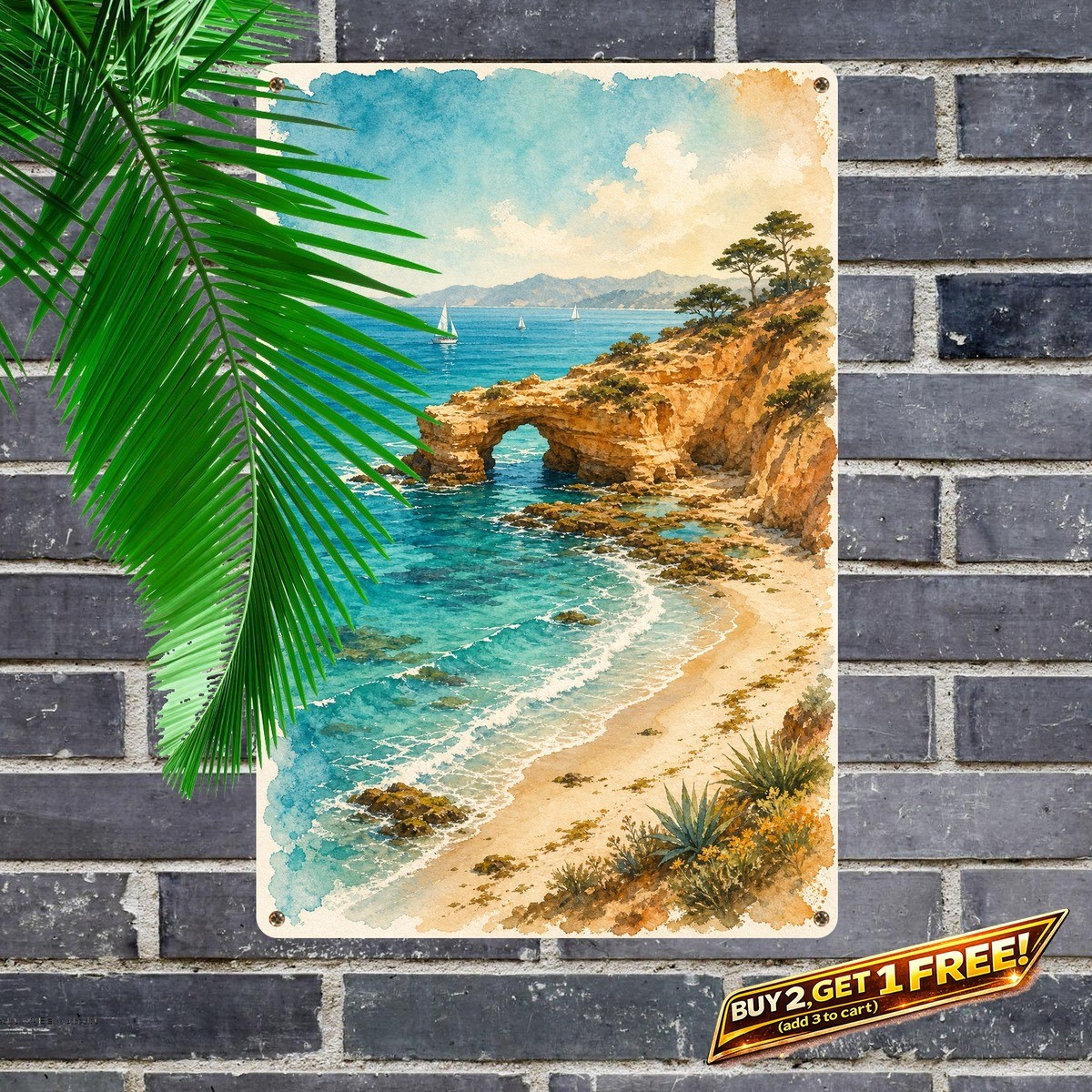 Quirky Malibu Watercolor Poster Tin Sign Retro Beach Metal Wall Decor
