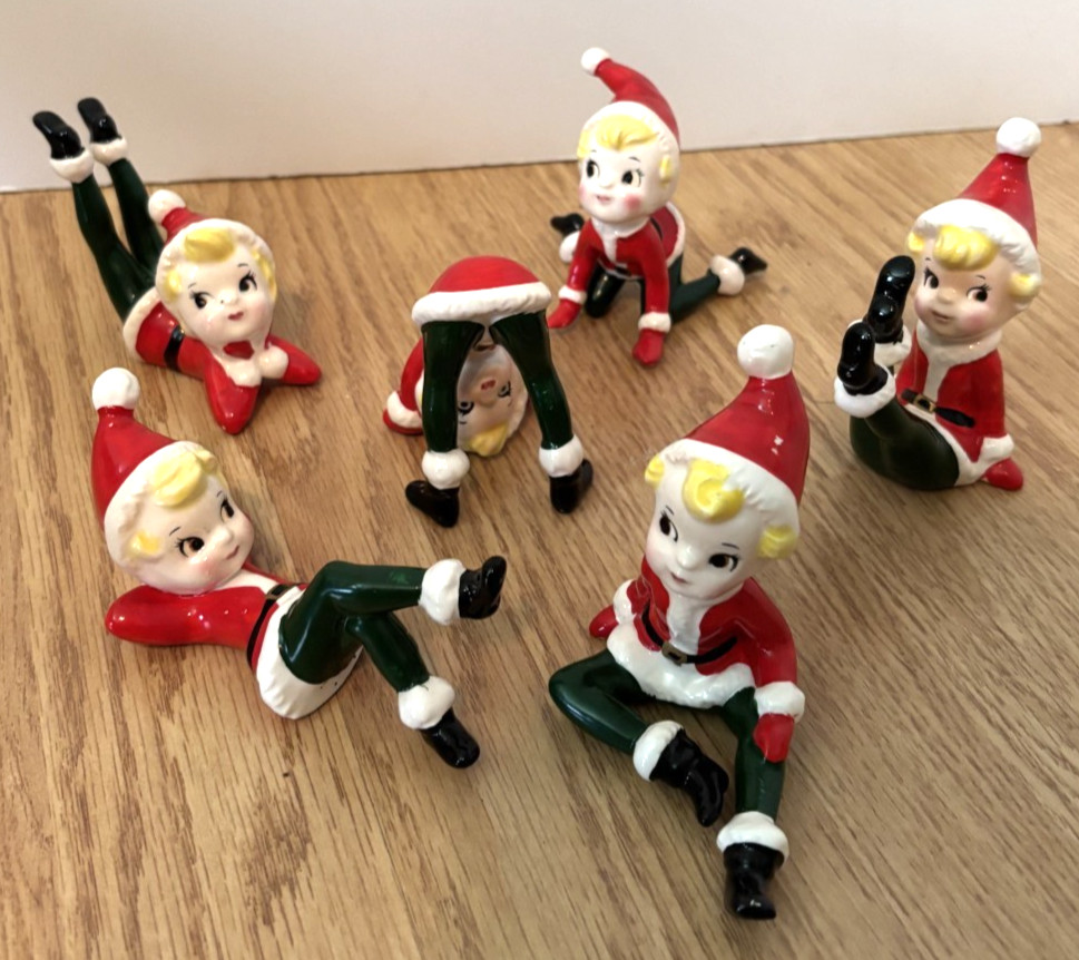 Complete Set of 6 Rare Vintage Christmas Tumbling Elf/Pixie Figurines Japan