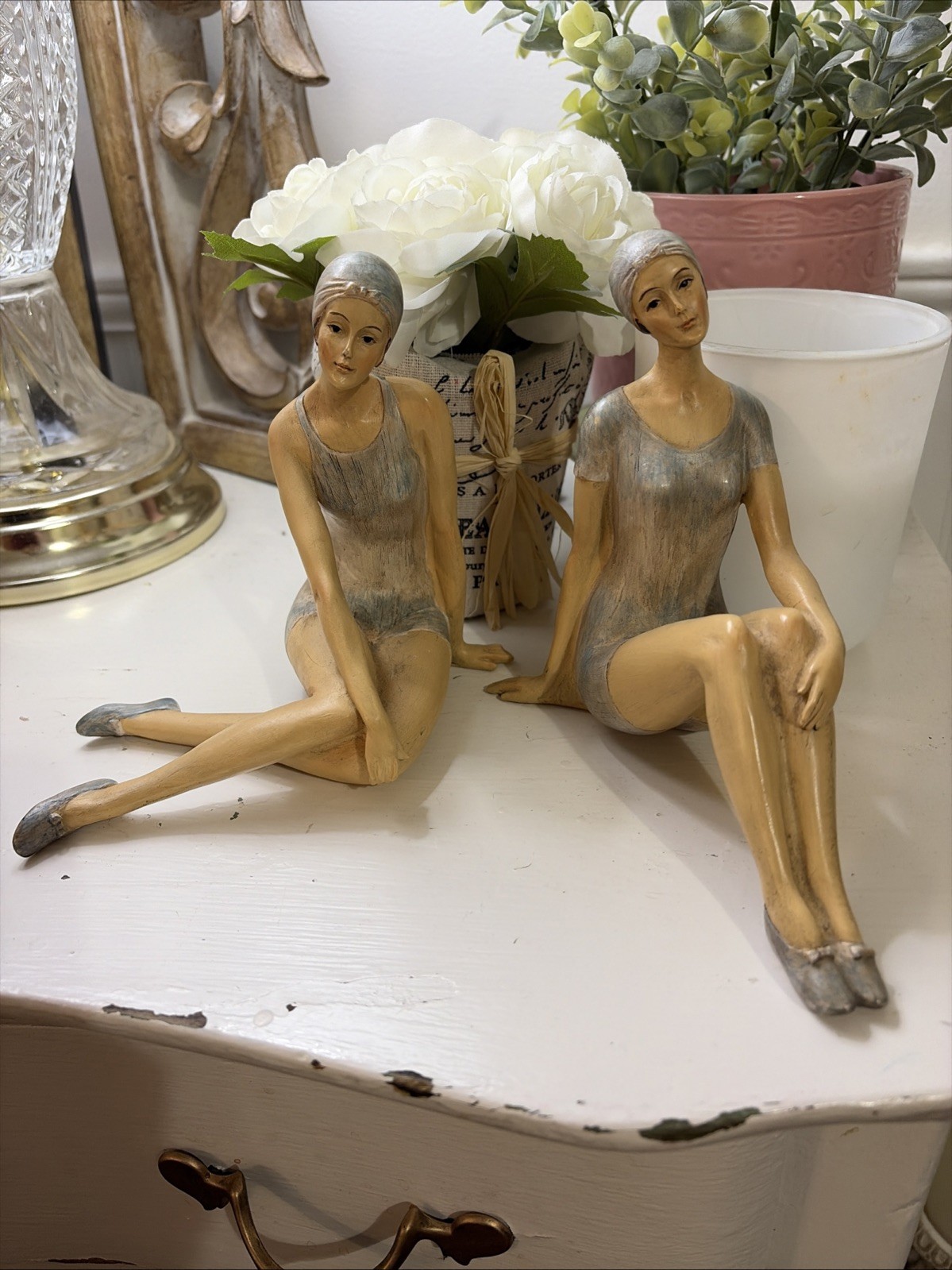 1920\'s BATHING BEAUTY Figurine~ SET OF 2~ LIGHT BLUE, Art Deco,