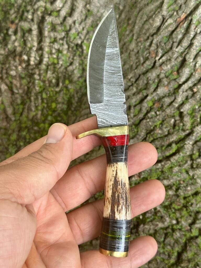 6” CUSTOM HANDMADE DAMASCUS STEEL HUNTING SKINNING KNIFE STAG ANTLER HANDLE