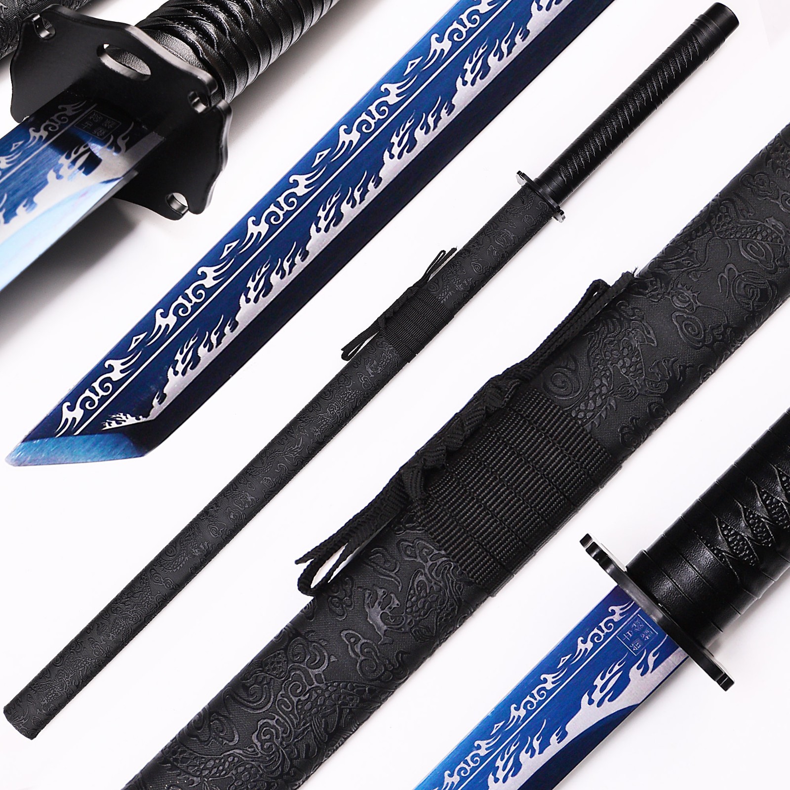 Blue Flame Etched Relief Dragon Patterned Samurai Sword, Handmade Katana