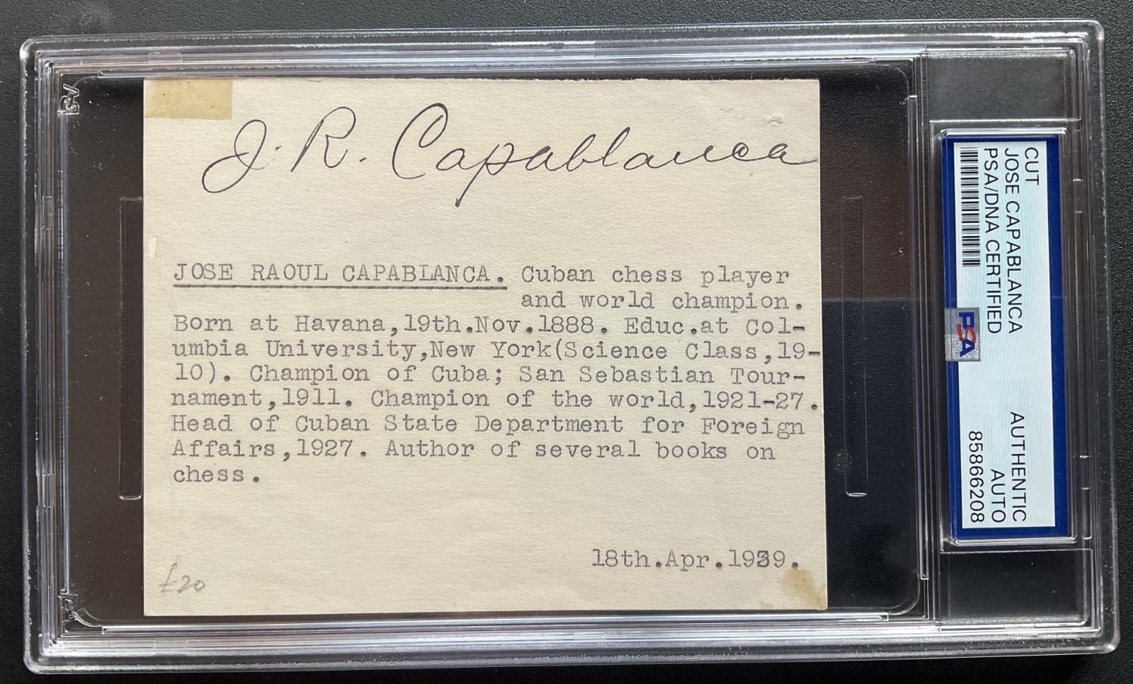 Jose Raul Capablanca Signed Card 1939 Autograph PSA/DNA Slabbed / Chess Player