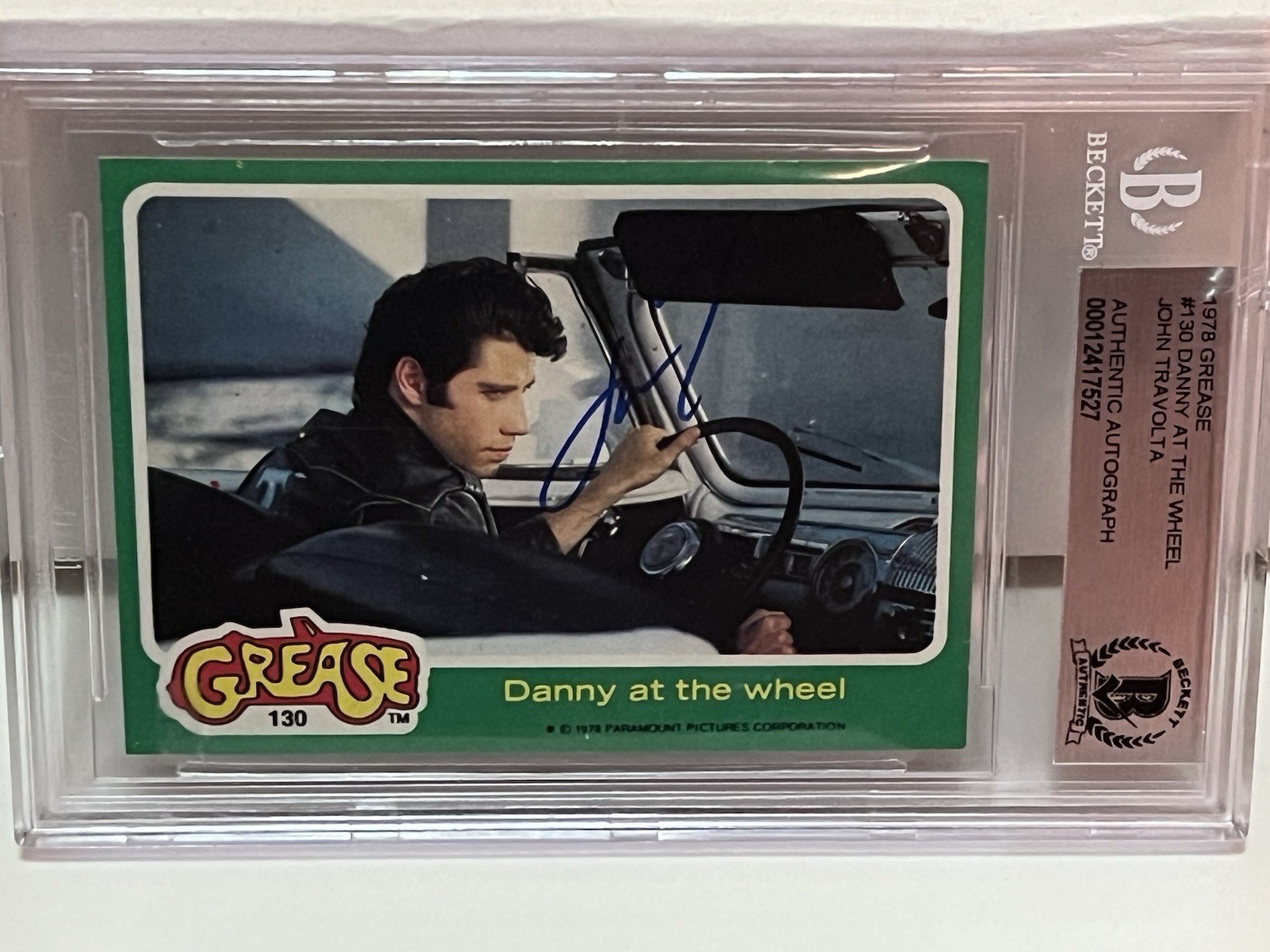 John Travolta Auto – 1978 Topps Grease #130 Danny At The Wheel Autograph BGS