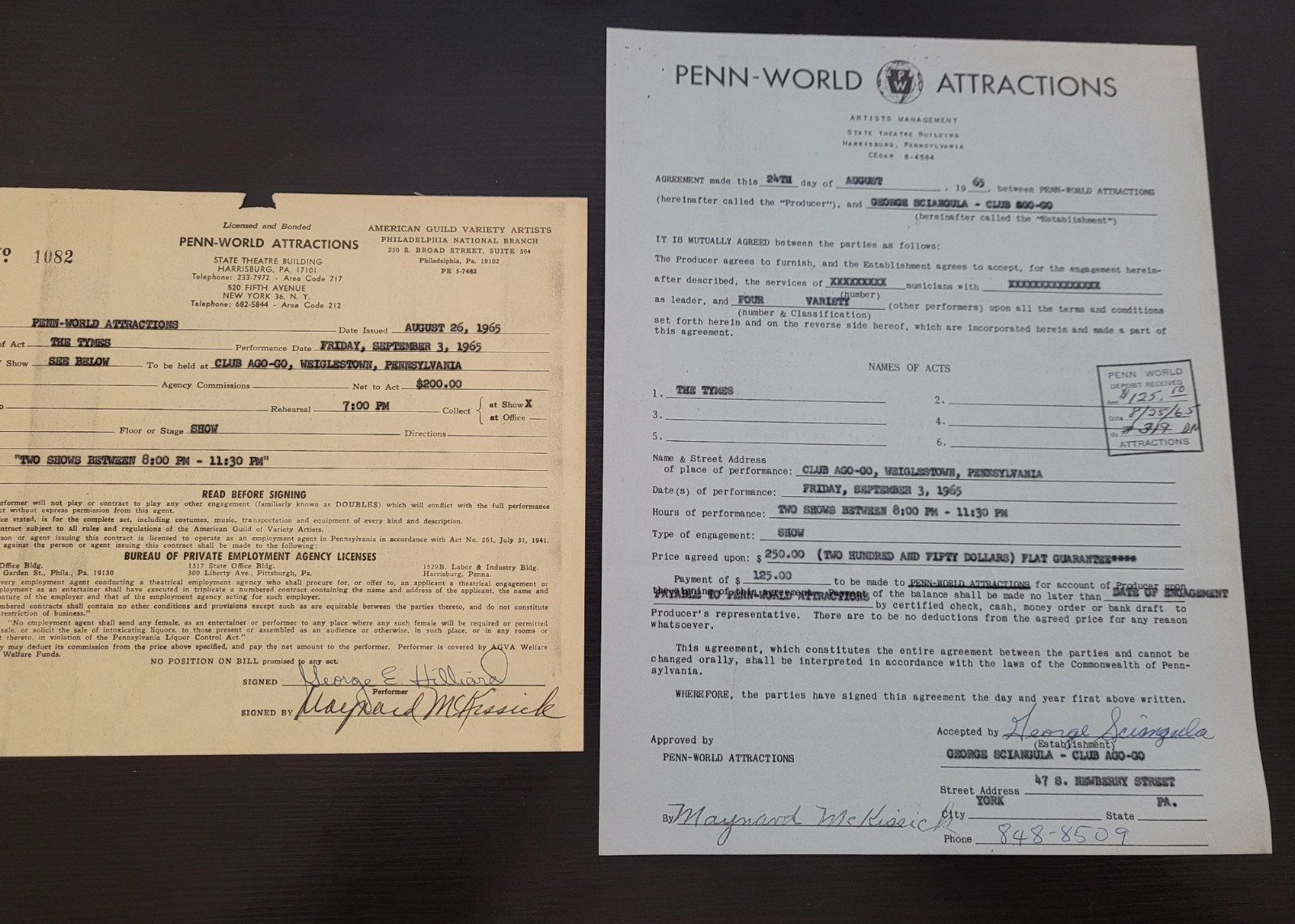 1965 THE TYMES Soul Group Concert Contract Signed Club A Go-Go Pennsylvania R&B