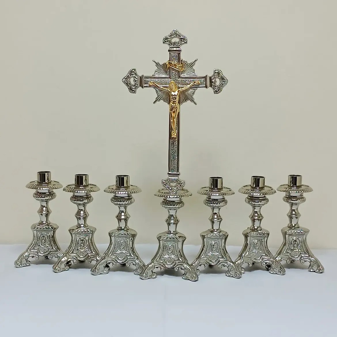 Catholic Altar Crucifix 6 Candlestick Set Silver Gold Church Religious Decor
