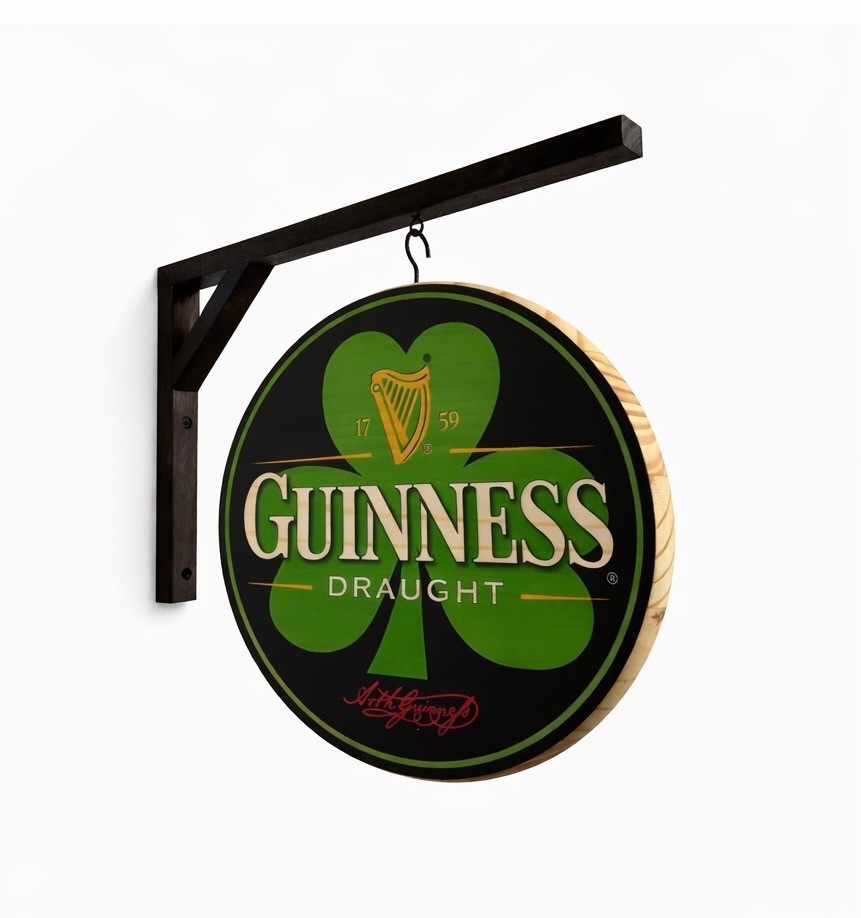 Guinness Draught Hanging Pub Sign Shamrock Round Wooden Bar Sign Irish 12 inch