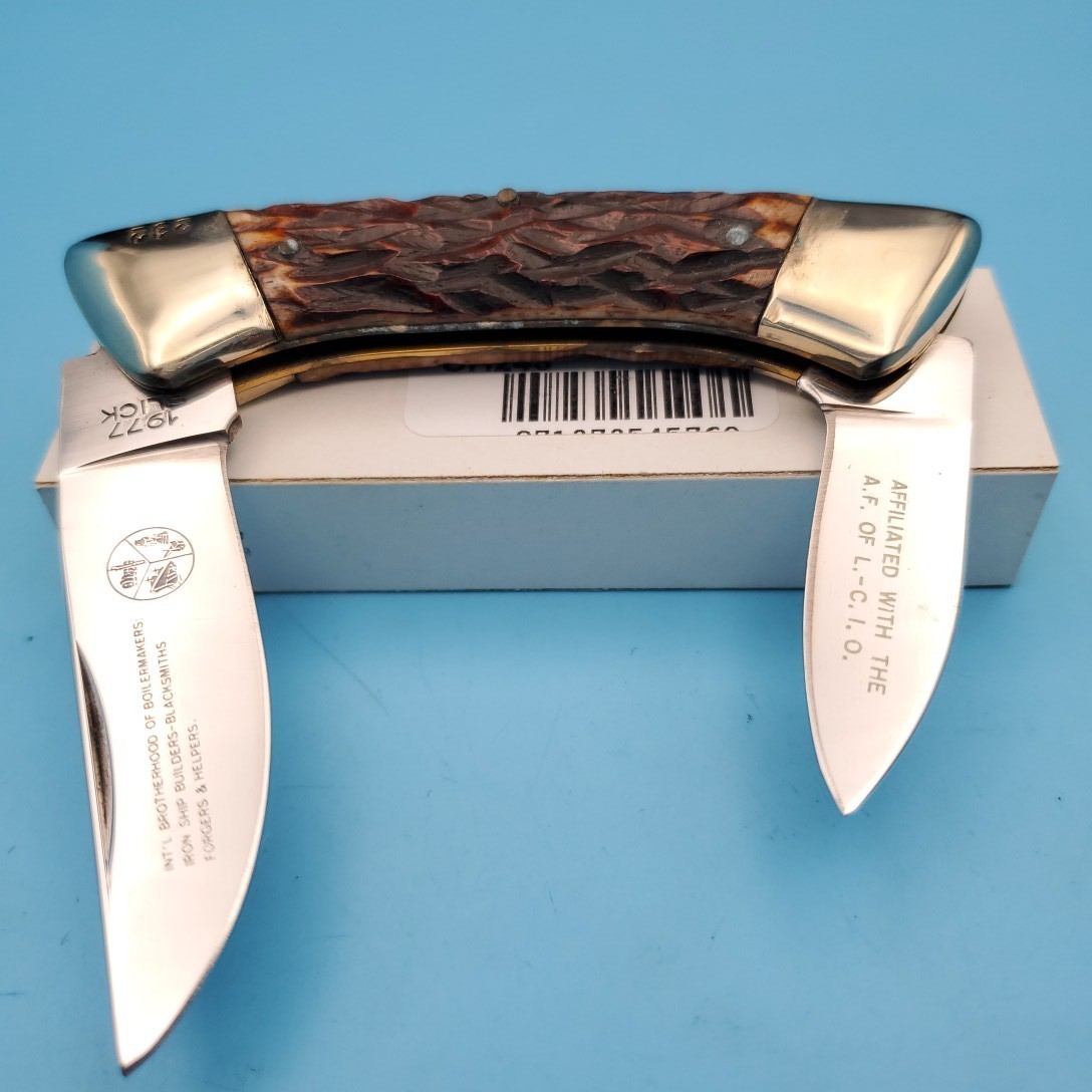 VTG Star Folding Blade Pocket Knife Brown Jigged Bone Union AFL CIO 6.5