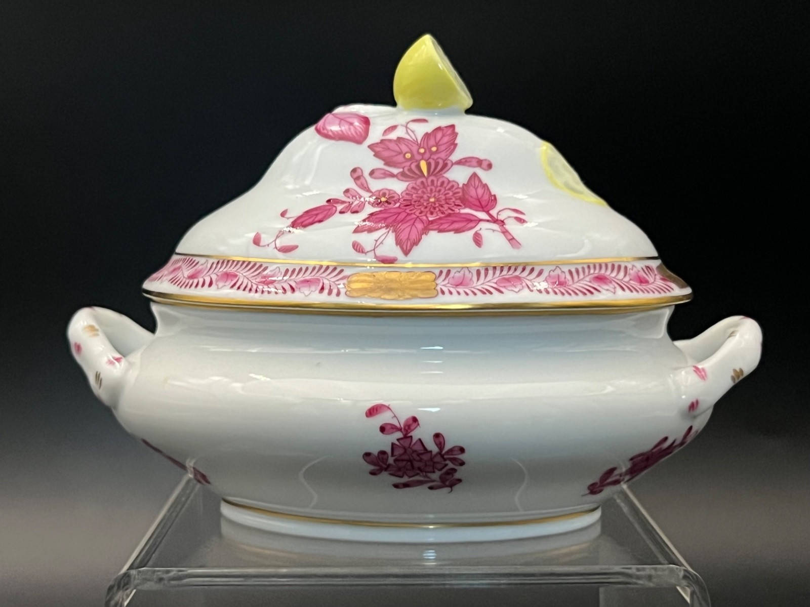 Herend Mini Tureen Chinese Bouquet Pattern Lemon Lid Pristine Cond.