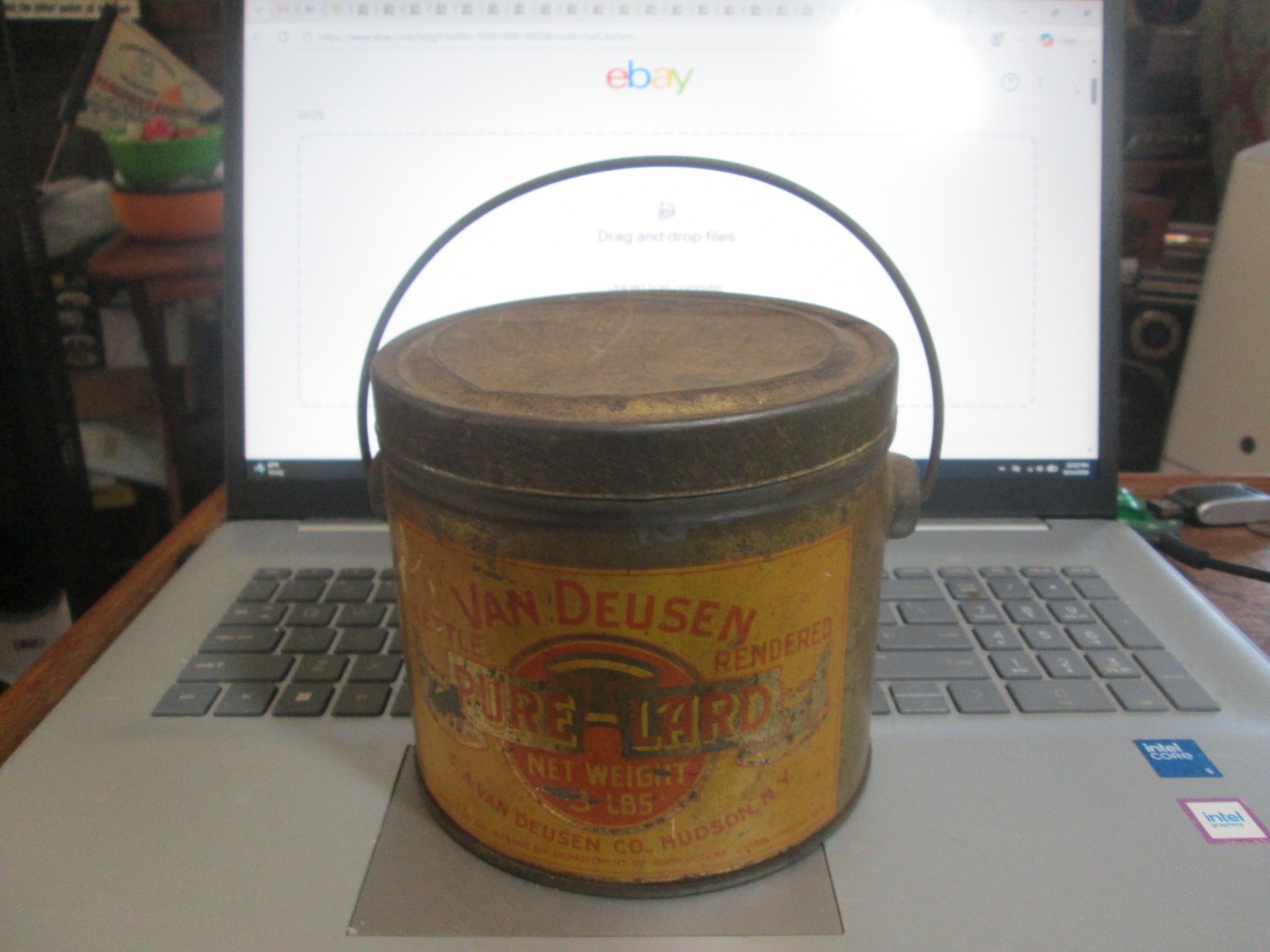 ANTIQUE VANDEUSEN PURE LARD METAL TIN PAIL WITH HANDLE HUDSON NEW YORK RARE