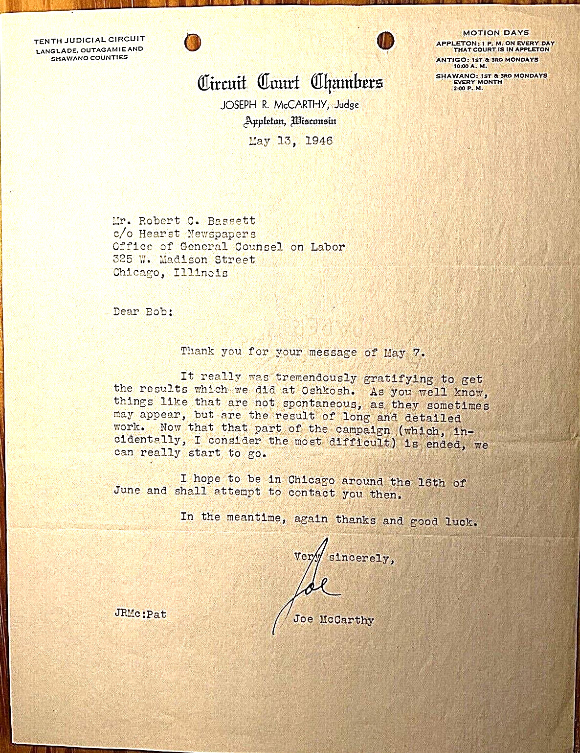 SEN. JOE McCARTHY SIGNED ORIG. 1946 (as Appleton, Wisc. COUNTY JUDGE) LETTER