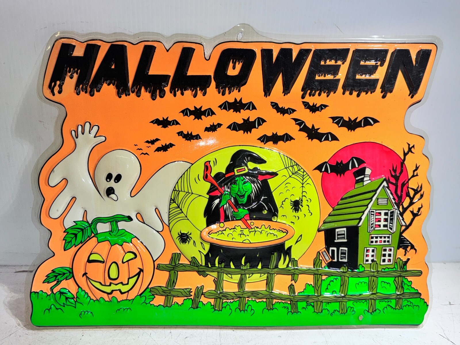 Vintage Plastic 3D Vacuform Halloween Wall Hanging Decoration Ghost Witch 14x20