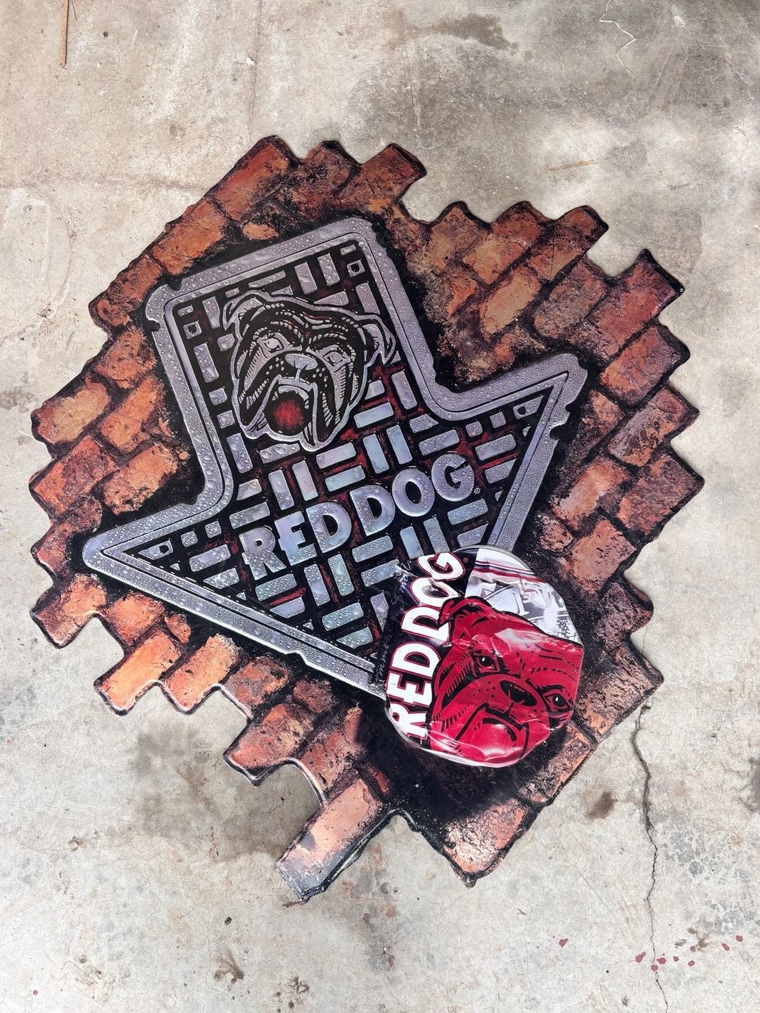 Vintage Red Dog Smashed Beer Can Metal Sign
