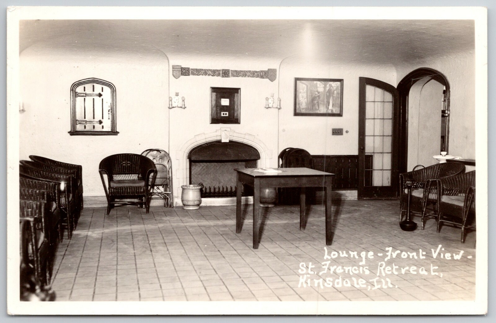 Hinsdale IL~Wicker Chairs & Ashtray Stand @ St Francis Retreat Lodge~RPPC~1940s