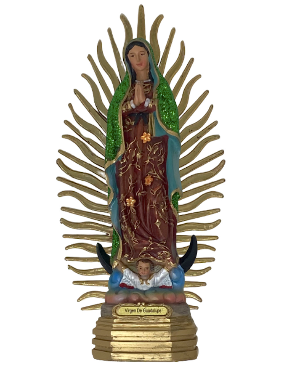 Virgen de Guadalupe Capa Verde Glitter  Estatua Resina Resin 8 Inches Nuevo