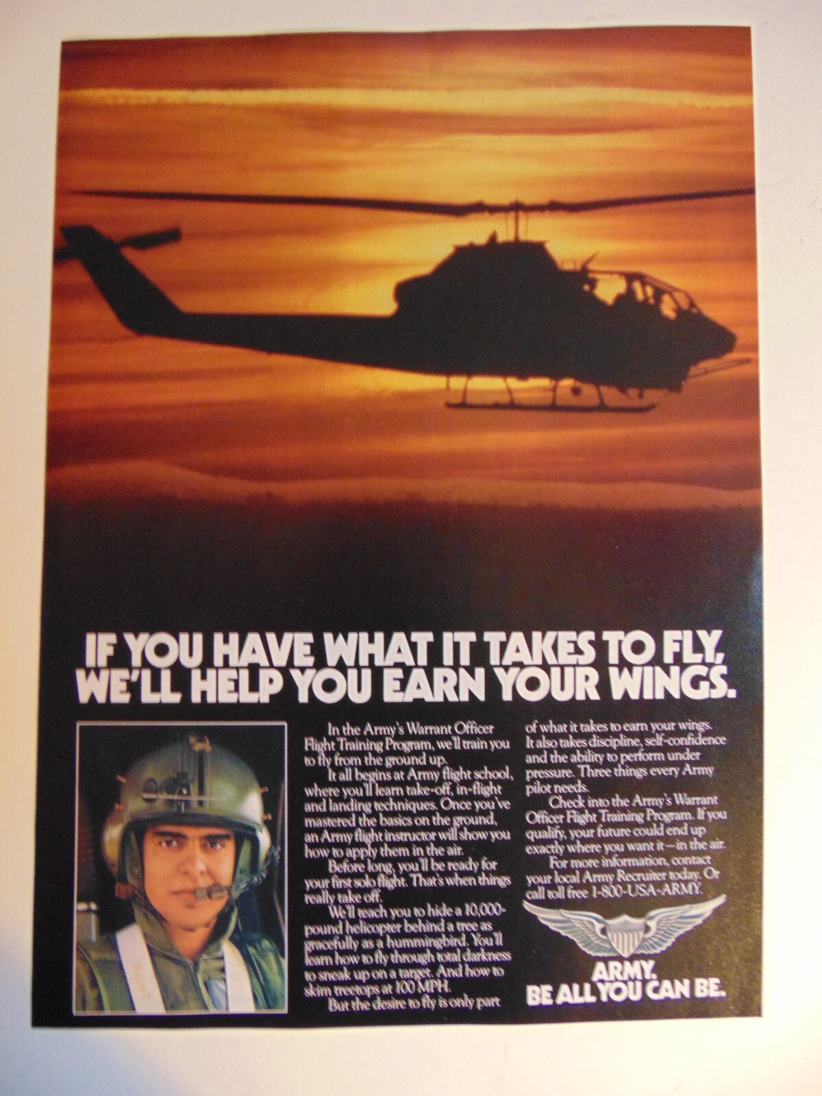 1986 ARMY Recruiting Earn Your Wings Helicopter  vintage print ad
