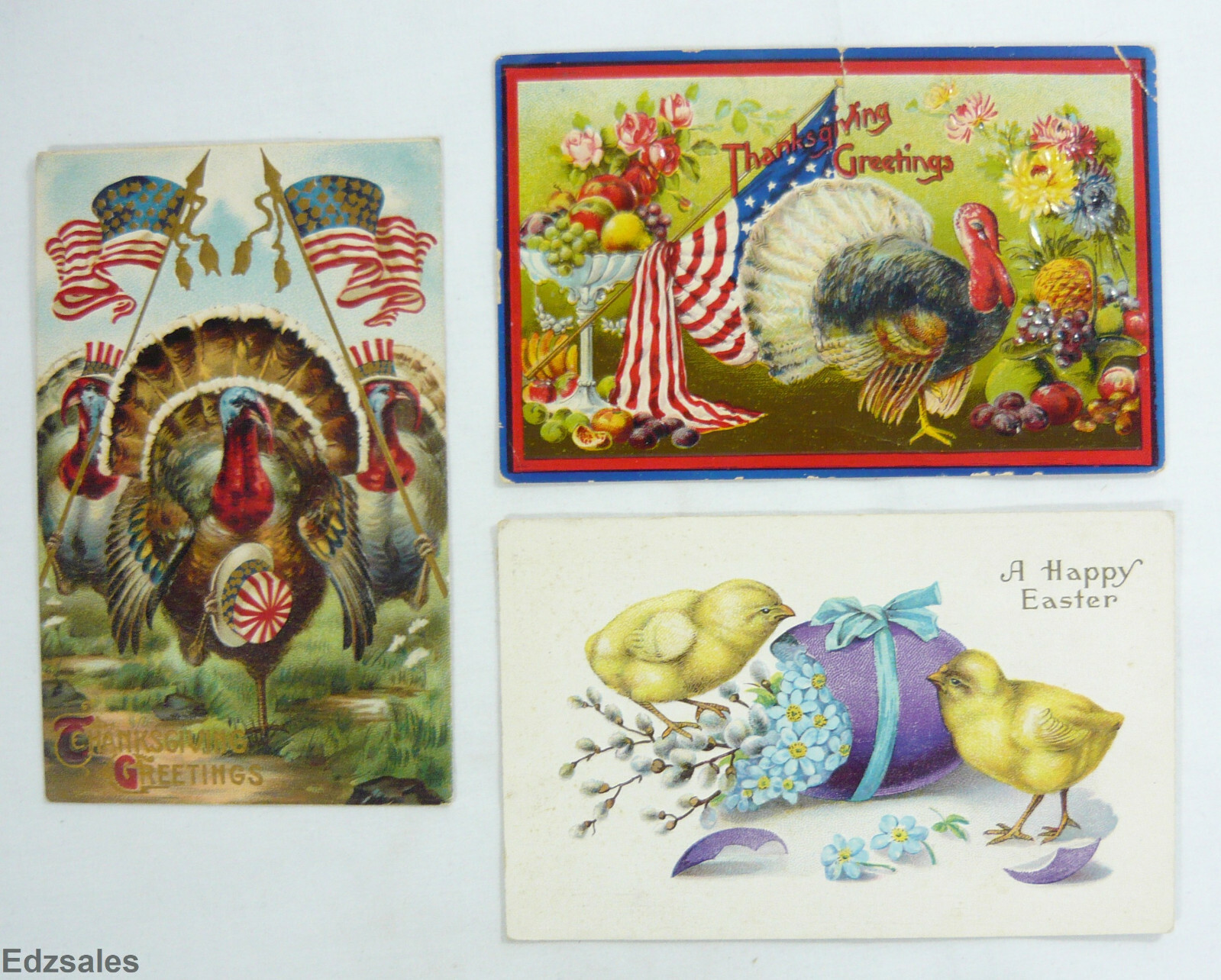 3 Antique Embossed Postcards early 1910\'s - Thanksgiving Patriotic Turkey Easter