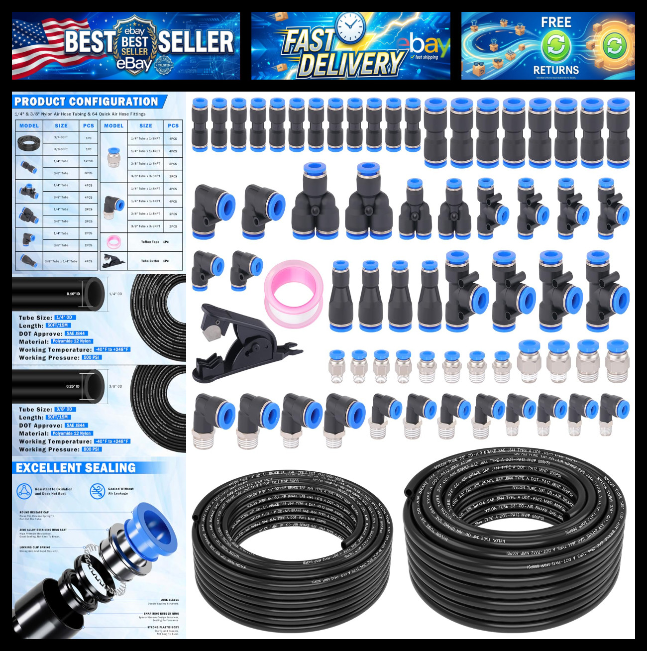 68 Pcs DOT Air Line with Quick Connect Air Fittings Kit 2 Roll 50FT 1/4\