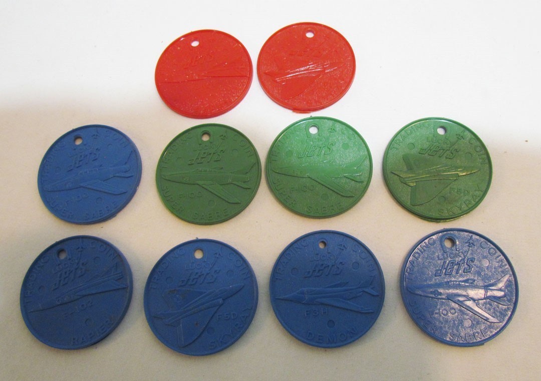 RED BALL JETS SNEAKERS 1950\'s JET PLANE PLASTIC LUCKY COIN PREMIUMS LOT OF 10 