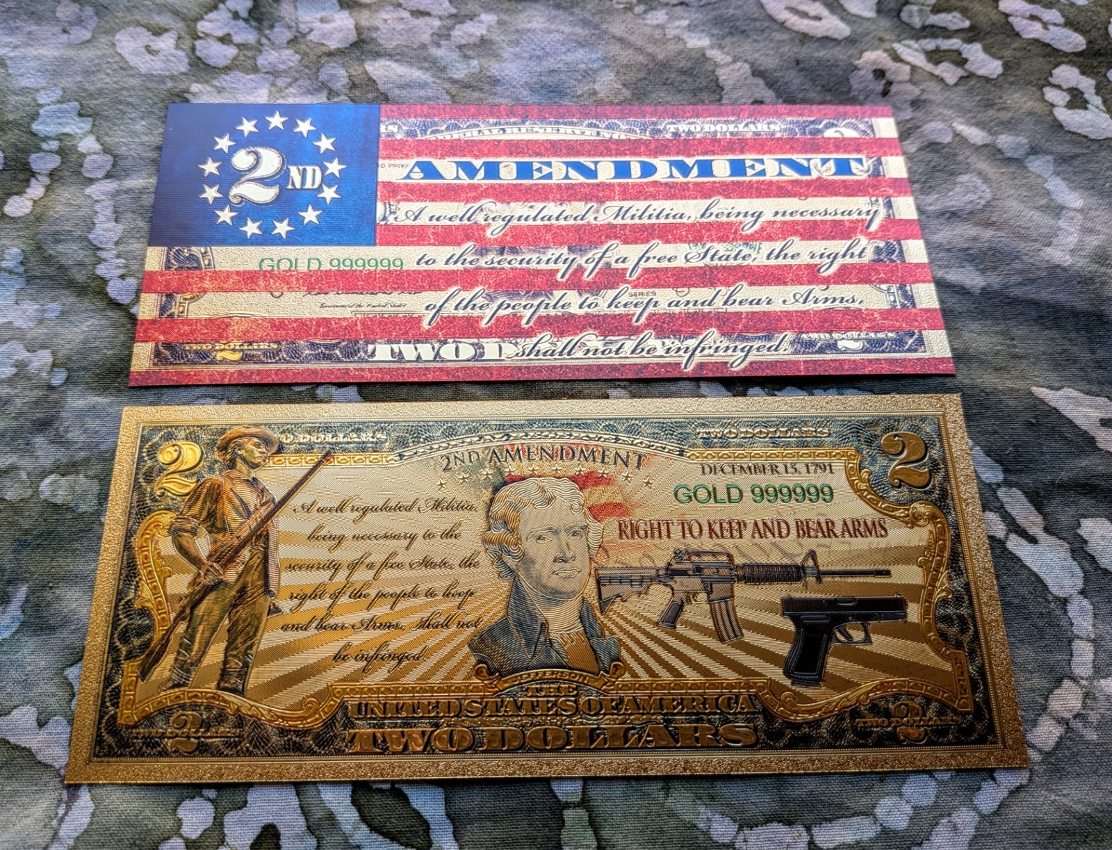 2pc USA 2nd Amendment Gold Foil Plated Collectible Novelty Banknote set   Mint