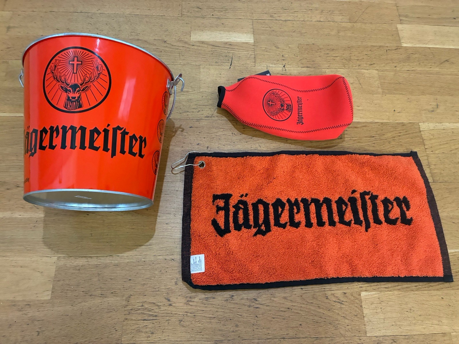 New Jagermeister 3 Piece Bar Set Orange Ice Bucket Cotton Towel Bottle Koozie