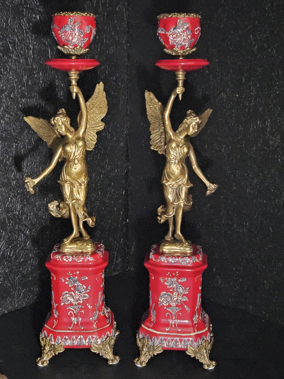 Stunning Pair Candlesticks/ French Art Nouveau Style/ Angels Holding Wreath 