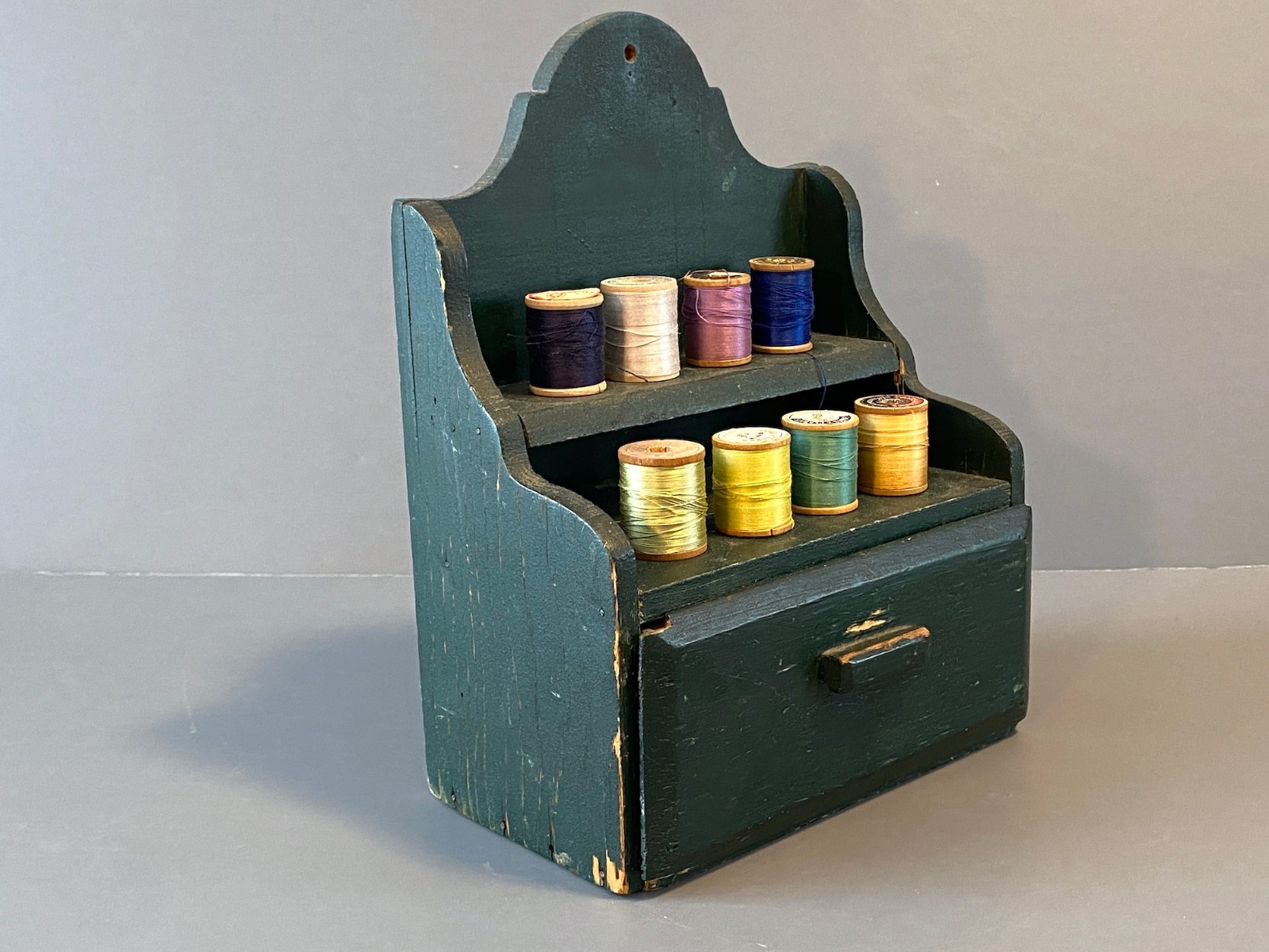 Antique Stepback Sewing Box Old Green Paint Spool Holder Caddy Country Primitive