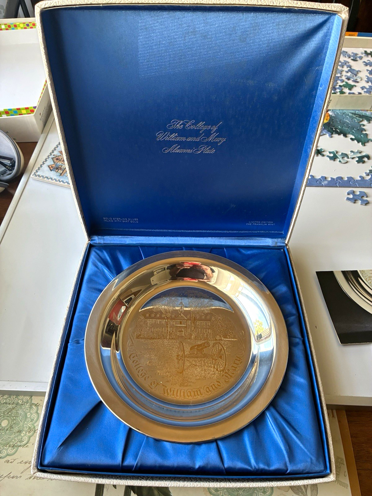 William and Mary Alumni Plate Sterling Silver 24K Gold Inlaid Franklin Mint COA