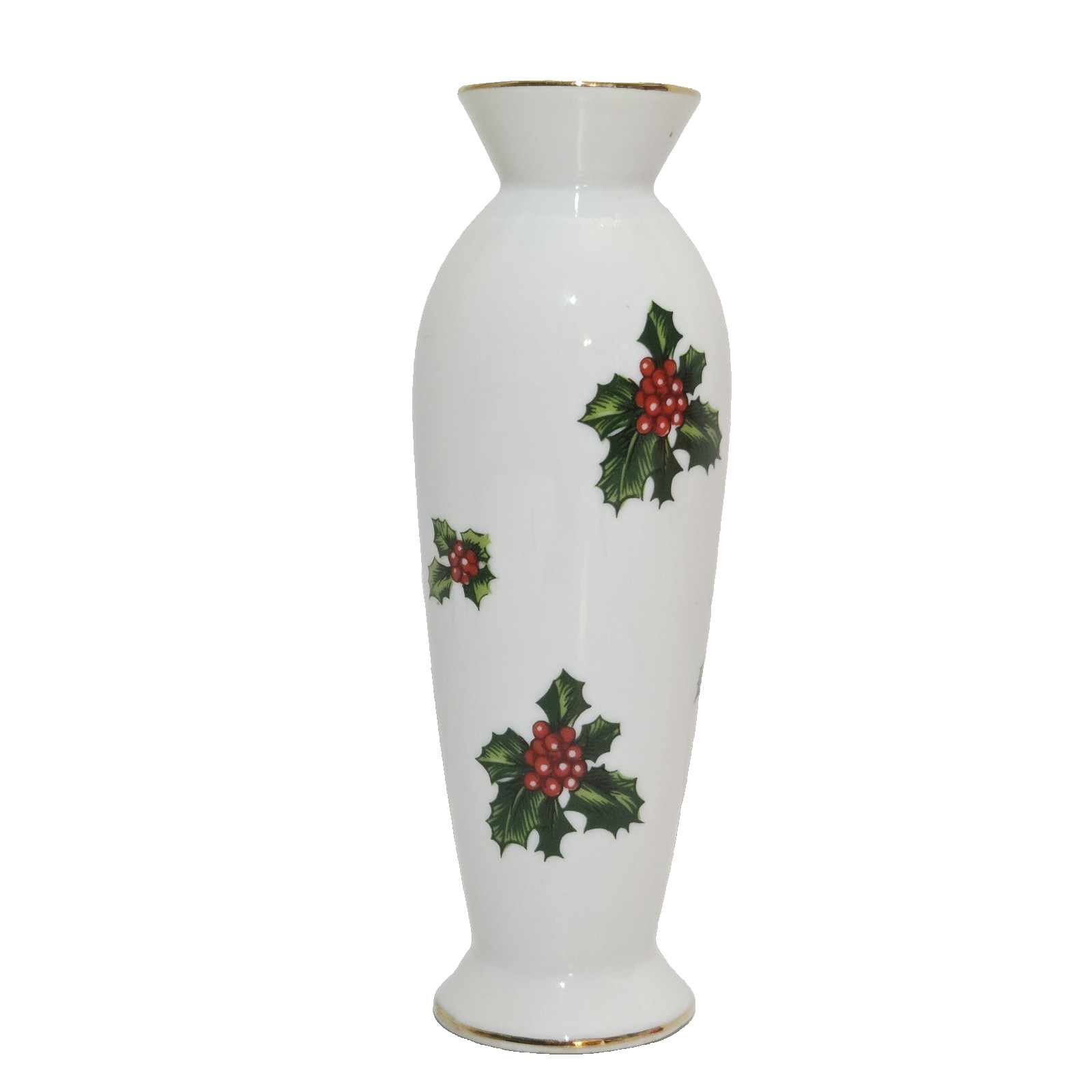 Vintage Lefton China Holly Berry Bud Vase Porcelain White Gold Trim Christmas