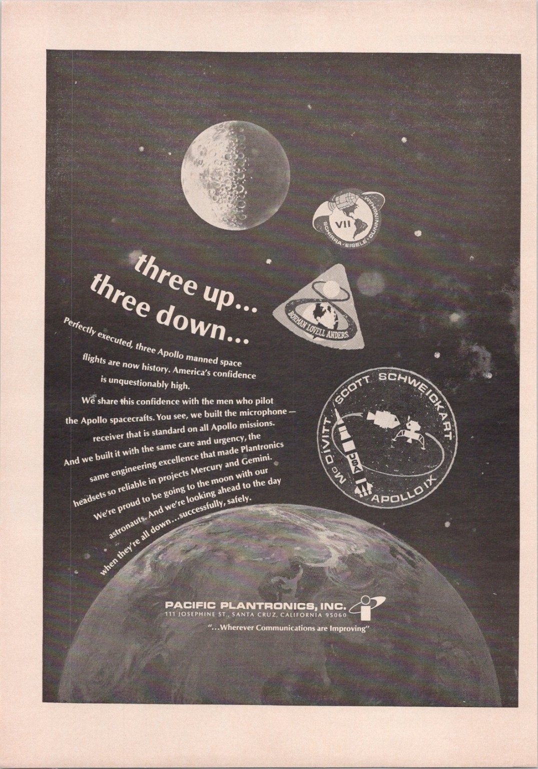 Plantronics Apollo Mission Vintage Magazine Ad Space NASA 1969 Black White