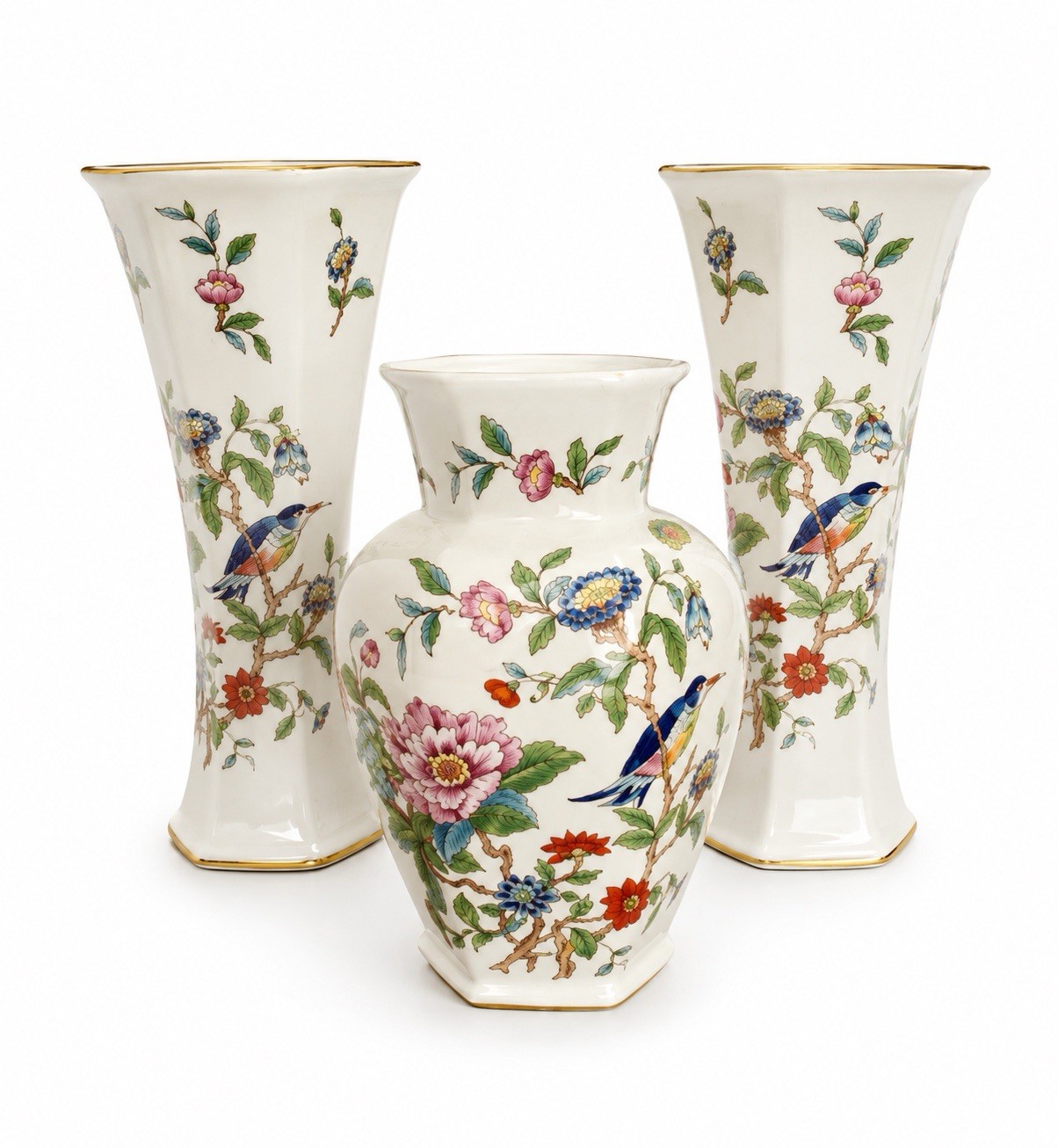 Aynsley English Lot of 3 Bone China Pembroke Vases 9” 7” Floral Birds