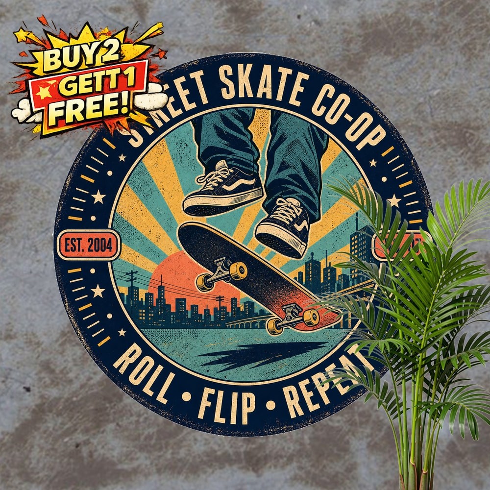Skater Silhouette Skate Lifestyle Sport Retro Round Metal Tin Sign 8x8