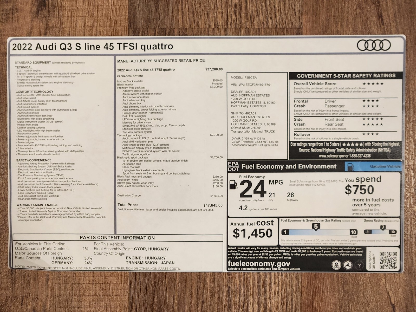2022 Audi Q3 S line 45 TFSI quattro Window Sticker Monroney Label Original