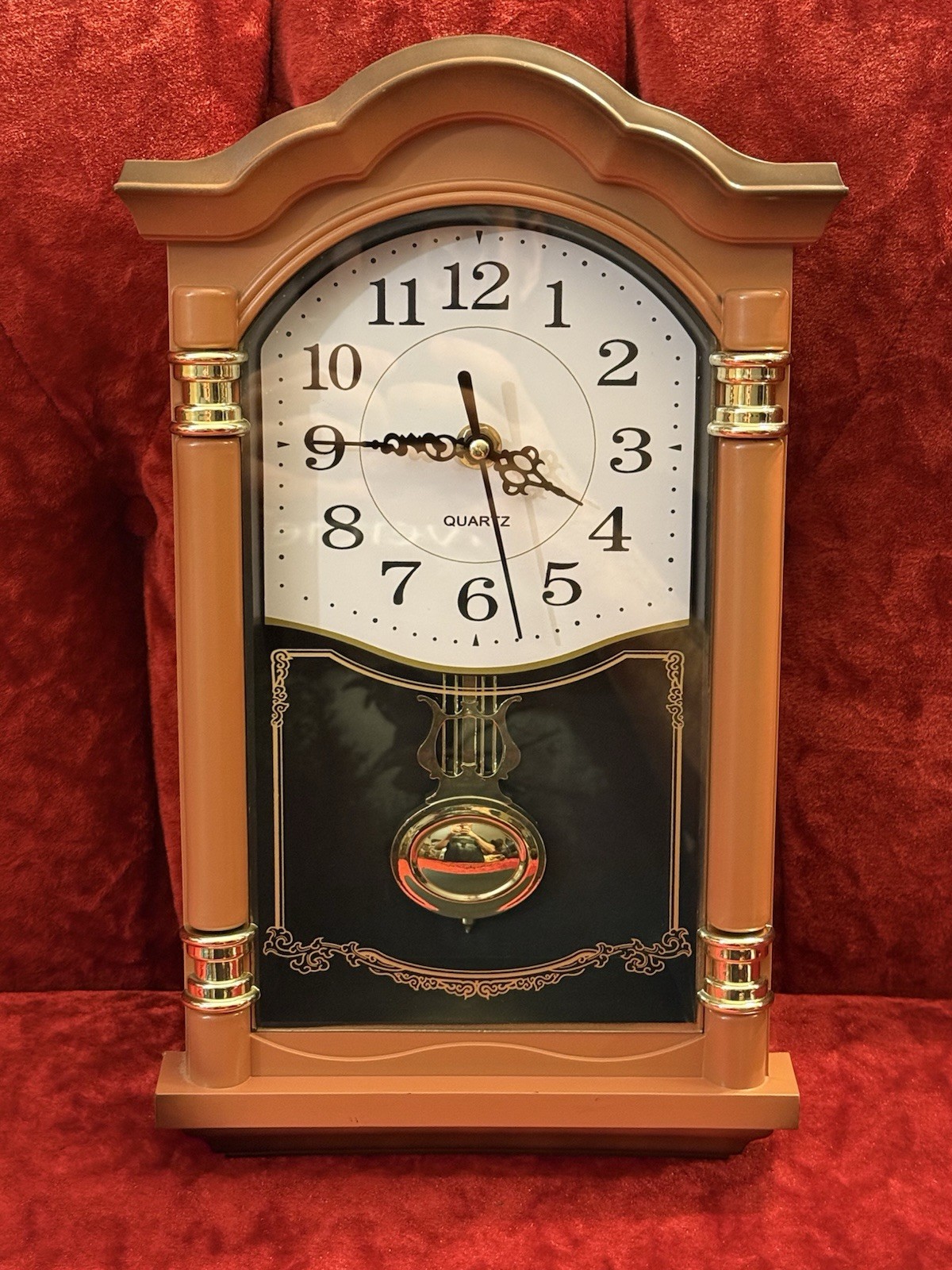 Vintage Style Wall Clock W/ Pendulum Plastic Brown Gold Hanging 13.5”x 8” Works