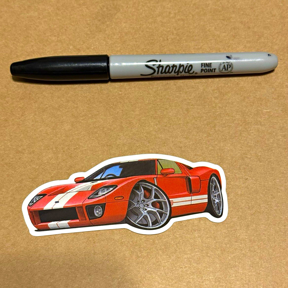 Orange Ford GT Style Sports Car Vinyl Decal Sticker w/ Racing Stripes - 4 in