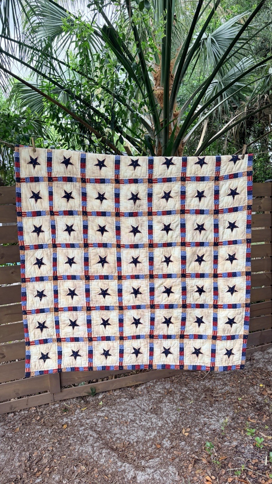 ⁠Vintage Handmade Americana Quilt Wall Hanging 51x58 Patriotic Stars Primitive