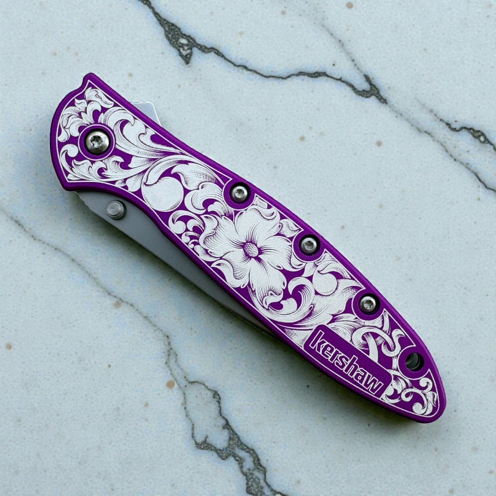 Kershaw Leek - Anodized Purple Scales with Engraved Floral Scrollwork