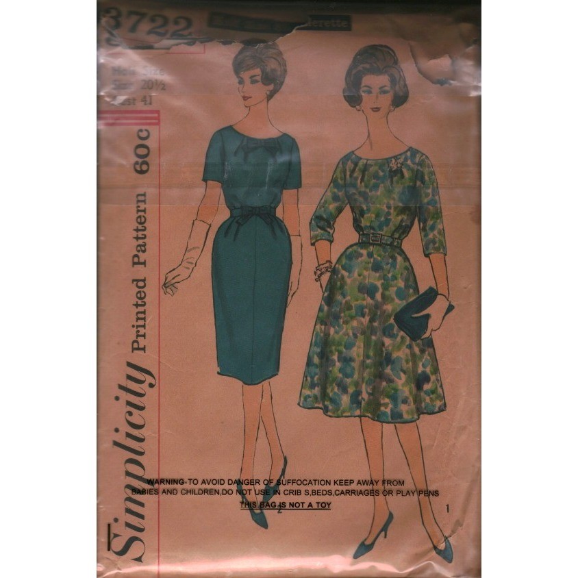 Vintage Simplicity 3722 Sewing Pattern 1960s Dress Size 20.5 Bust 41