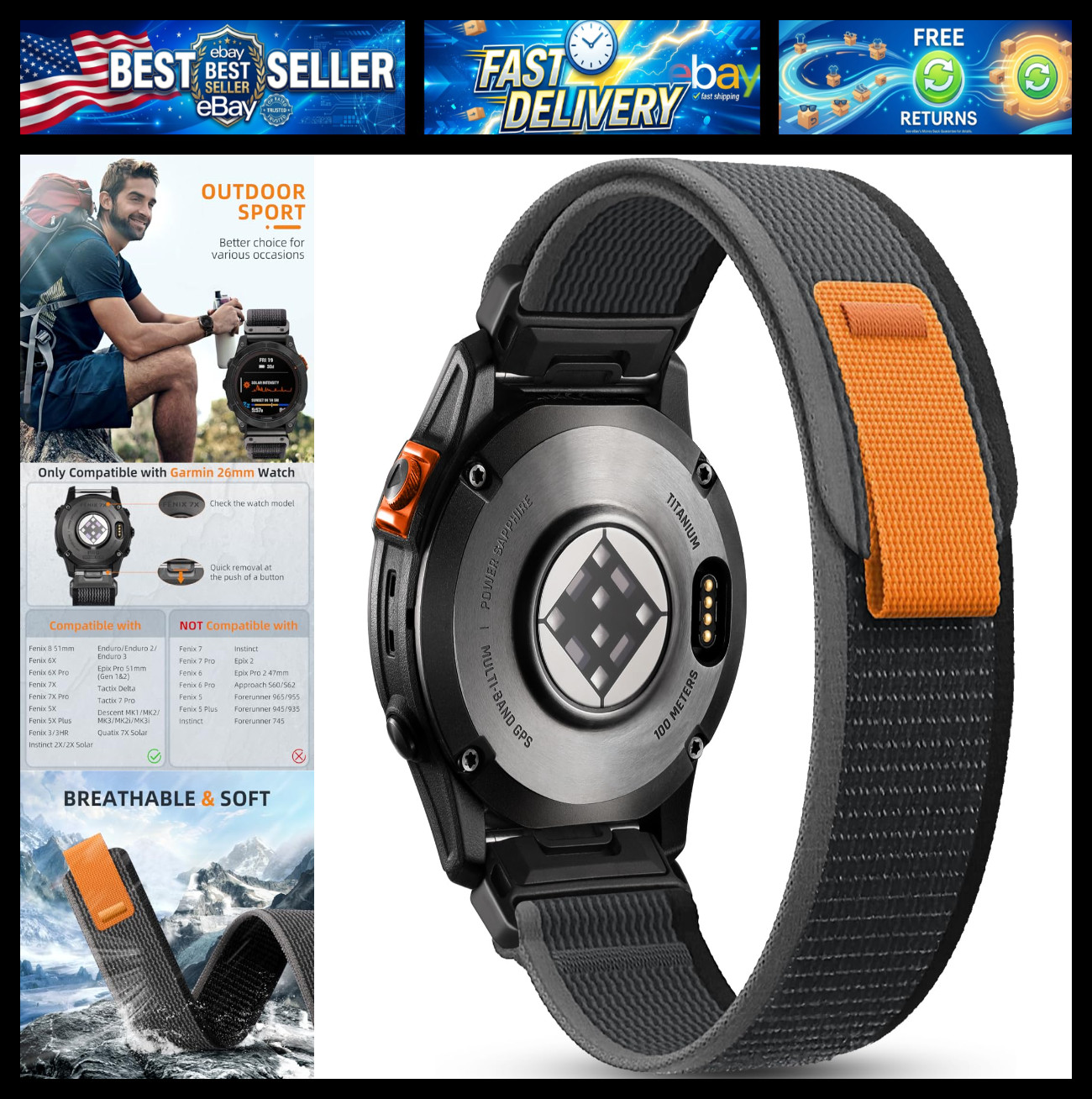 26mm Nylon Bands Compatible with Garmin Fenix 8 51mm/Fenix 7X pro/7X/Fenix 6X Pr