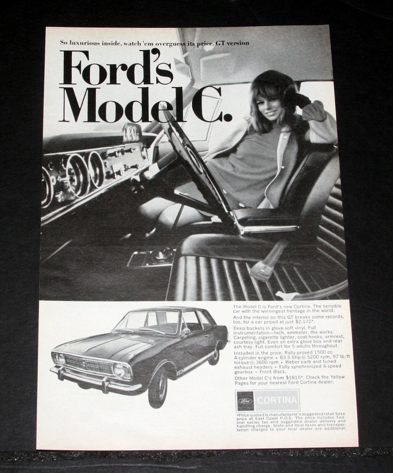 1967 OLD MAGAZINE PRINT AD, FORD MODEL C CORTINA GT, THE SENSIBLE WORLD CAR 