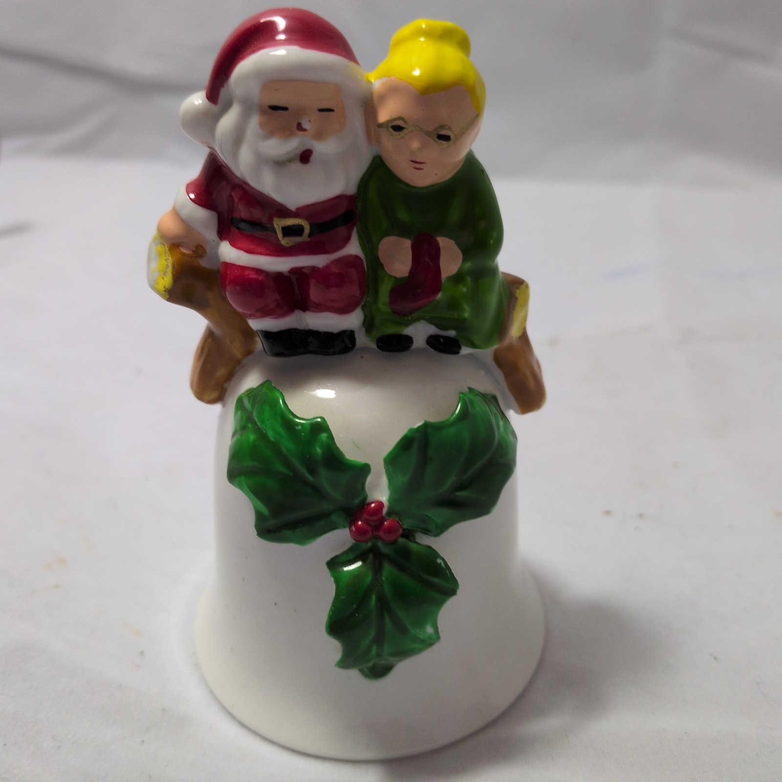 Vth Ceramic Christmas Bell - Santa & Mrs. Claus on Sleigh Topper, Retro Holiday 