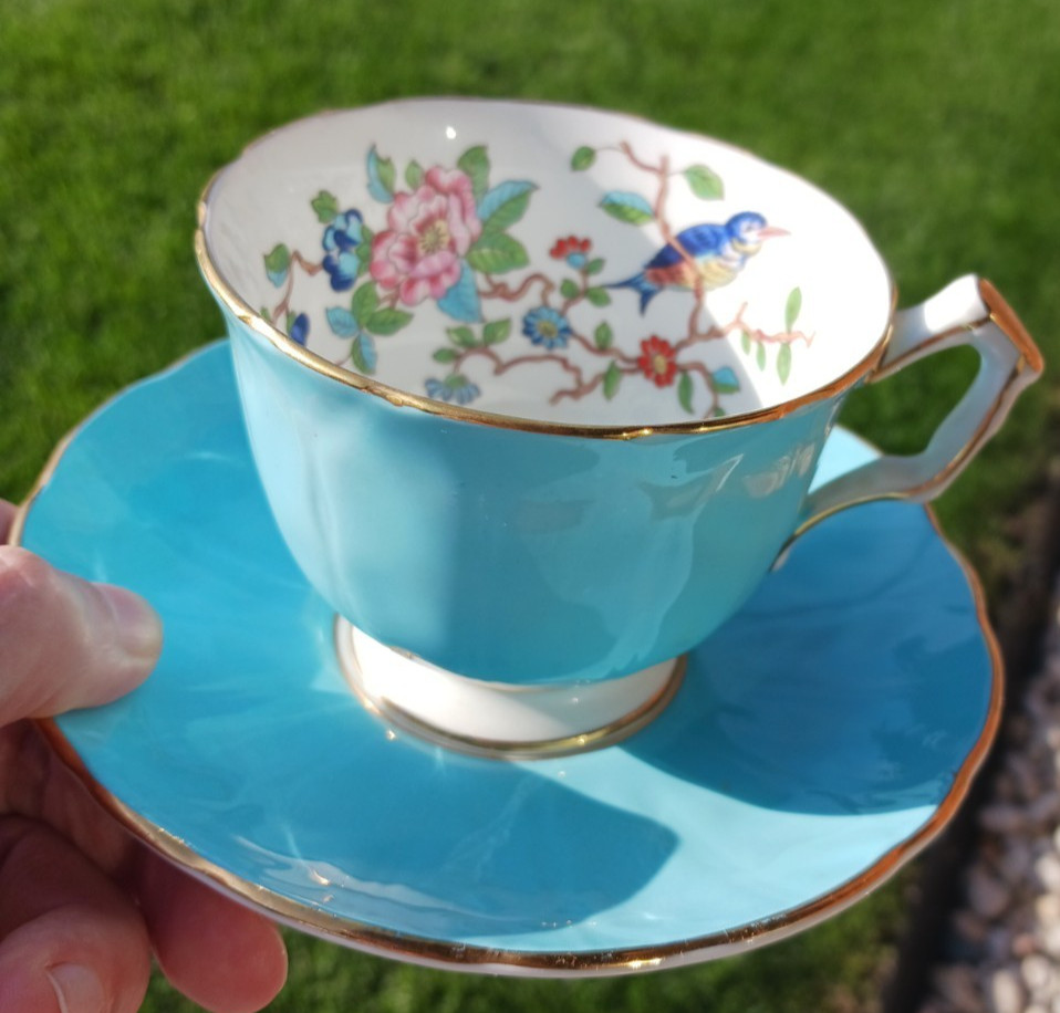 Aynsley English Bone China Cup and Saucer Sky Blue Floral